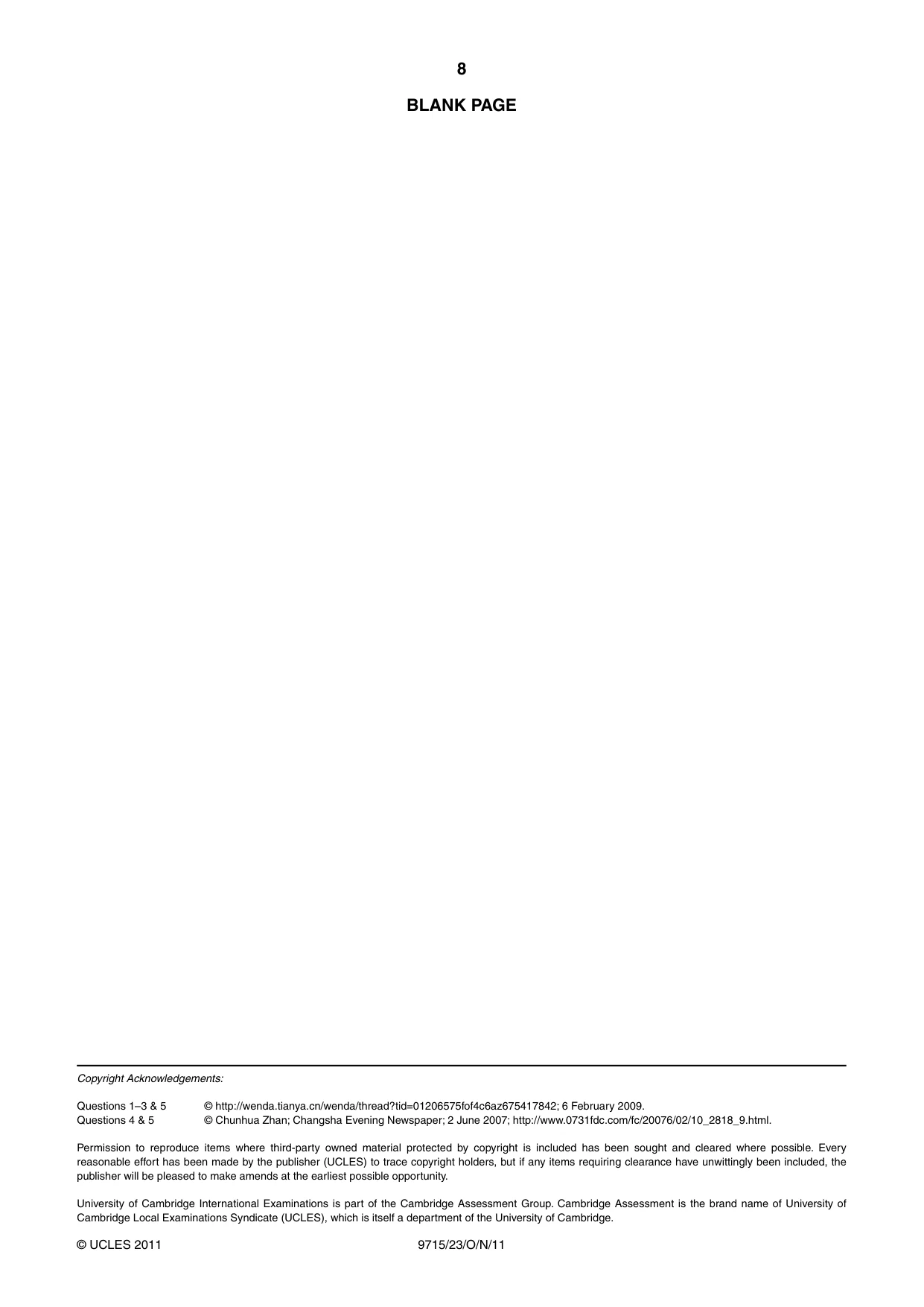 Cambridge A Level Chinese (A Level only) 9715 2011 Oct/Nov Paper 2 · Variant 3 question paper, page 8 of 8