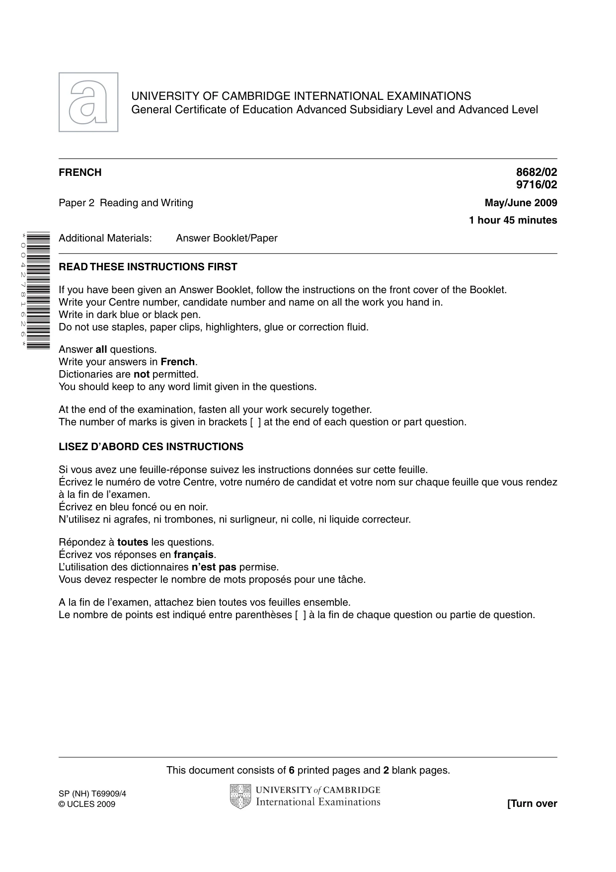 Cambridge A Level French (A Level only) 9716 2009 May/June Paper 2 · Variant 1 question paper, page 1 of 8