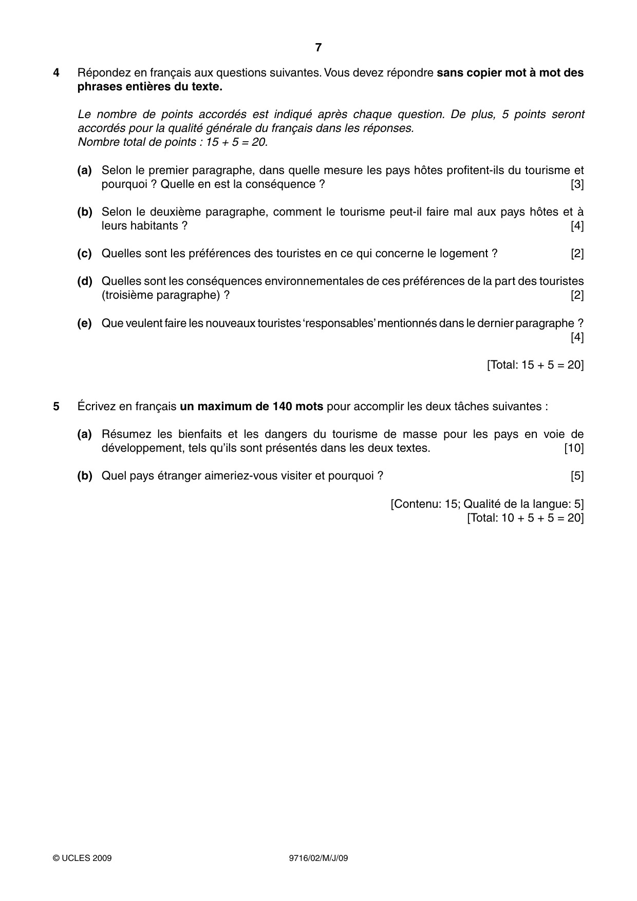 Cambridge A Level French (A Level only) 9716 2009 May/June Paper 2 · Variant 1 question paper, page 7 of 8