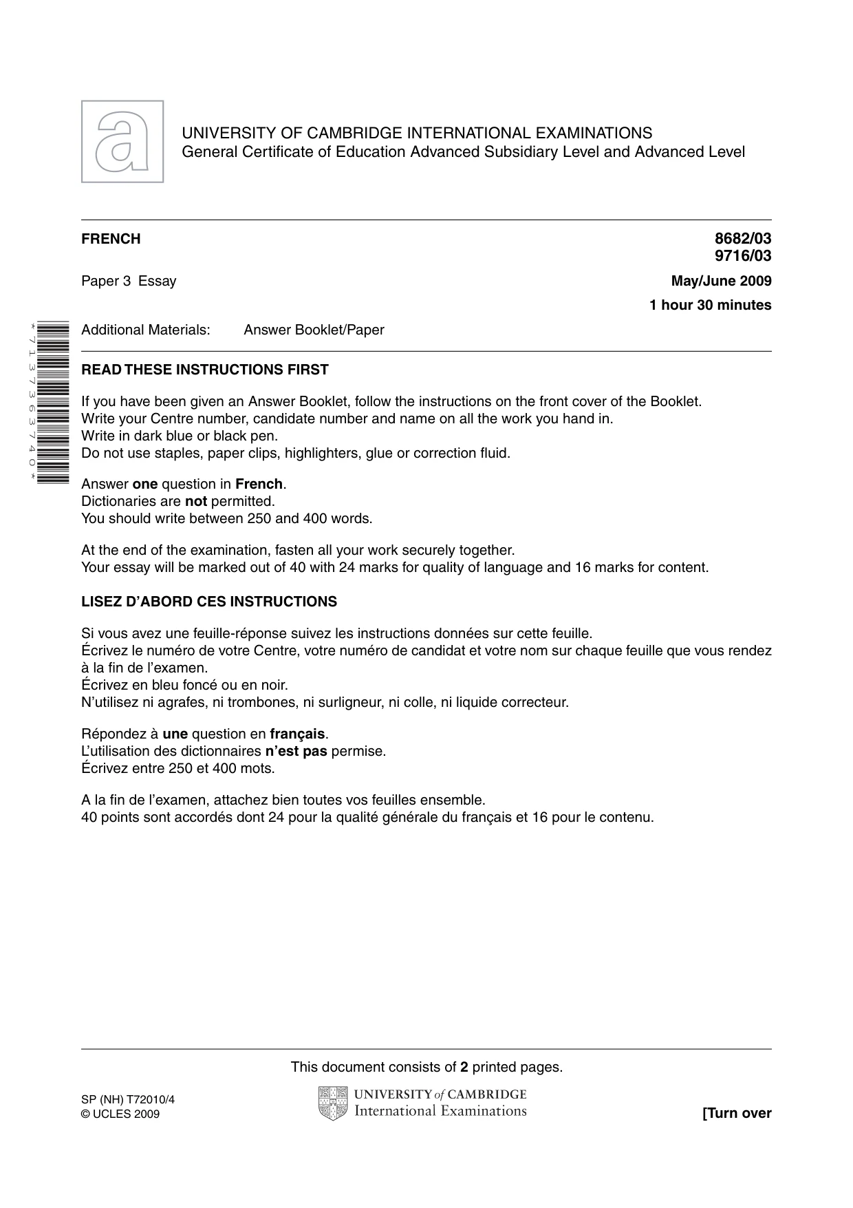 Cambridge A Level French (A Level only) 9716 2009 May/June Paper 3 · Variant 1 question paper, page 1 of 2