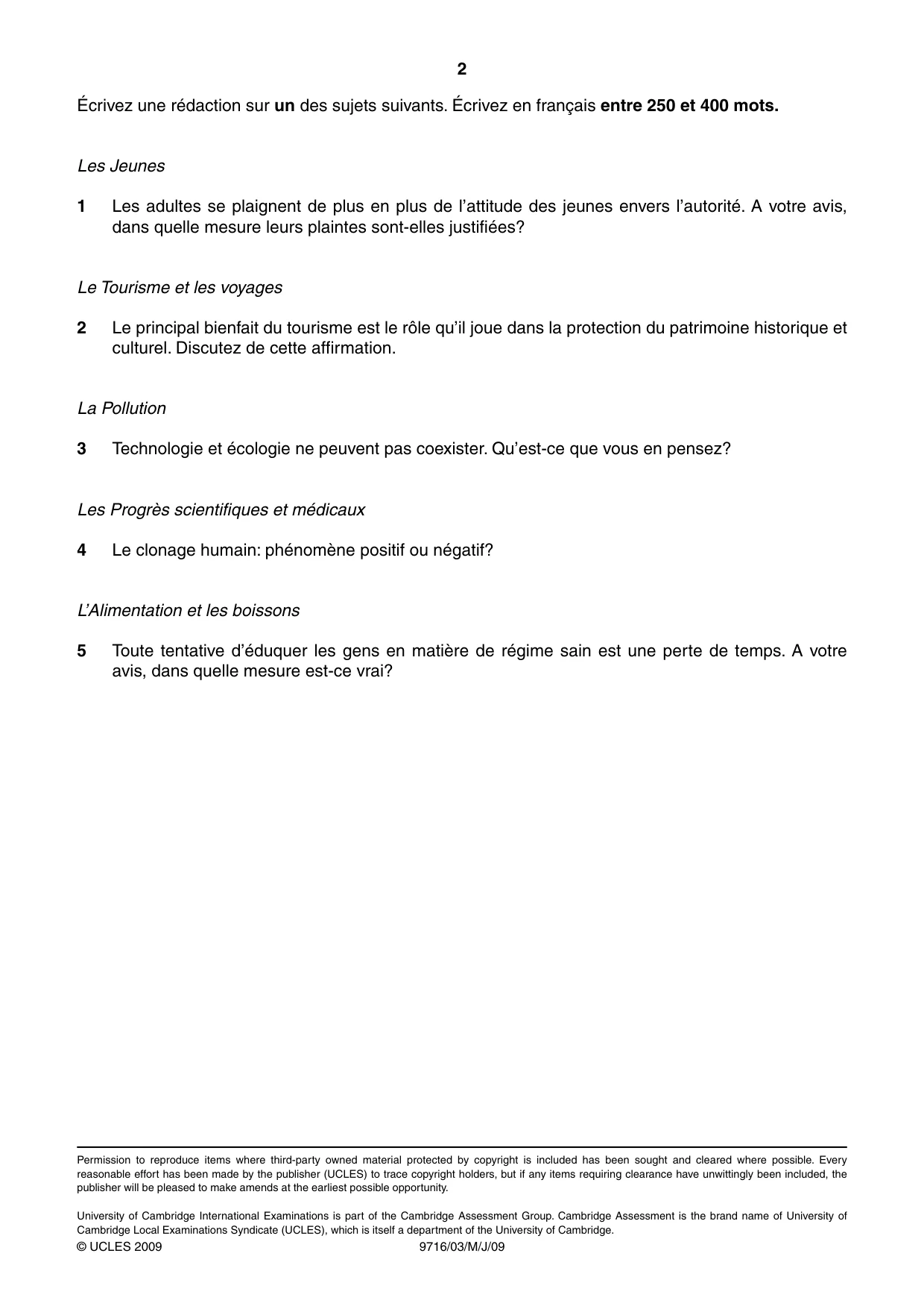 Cambridge A Level French (A Level only) 9716 2009 May/June Paper 3 · Variant 1 question paper, page 2 of 2
