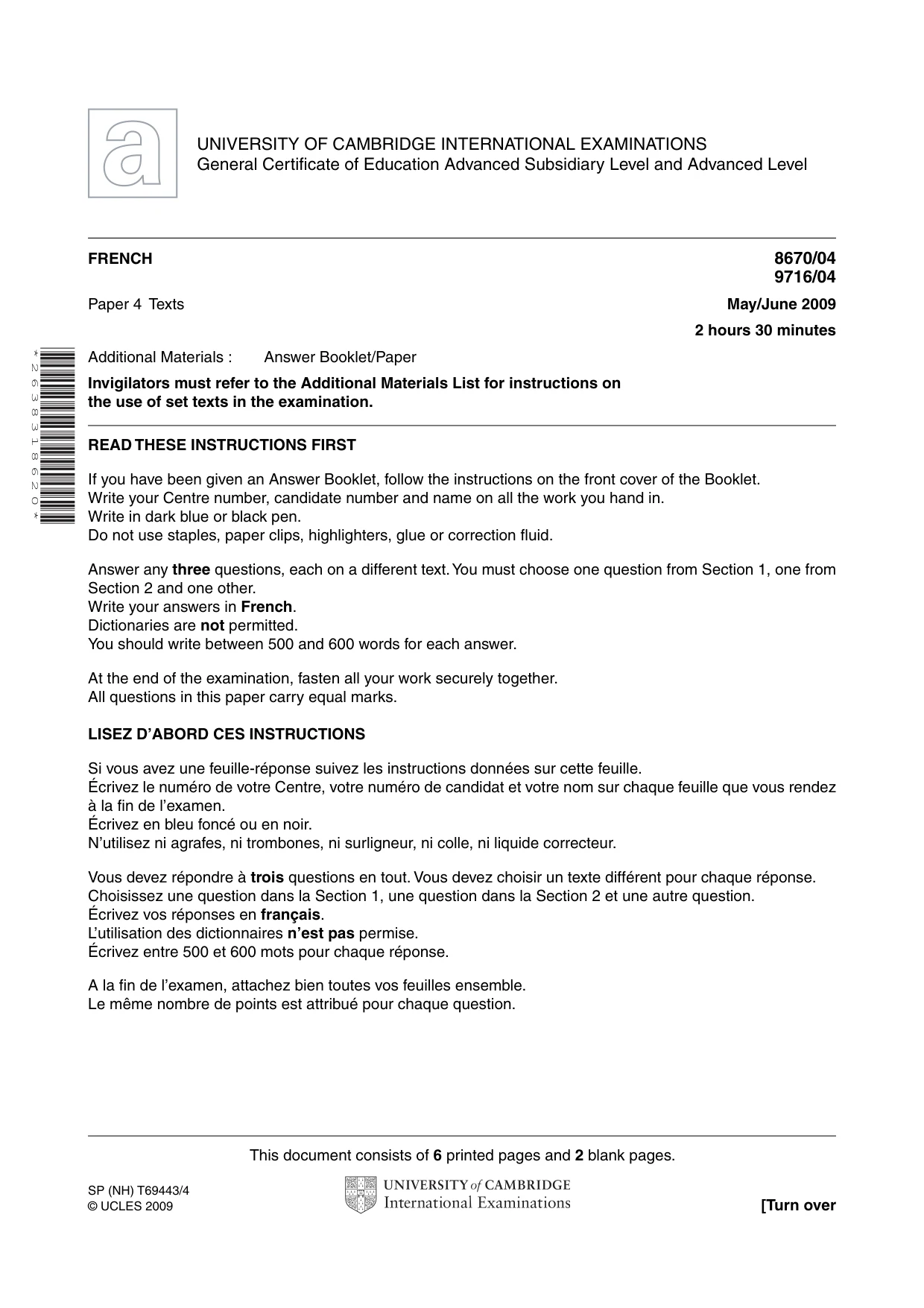 Cambridge A Level French (A Level only) 9716 2009 May/June Paper 4 · Variant 1 question paper, page 1 of 8