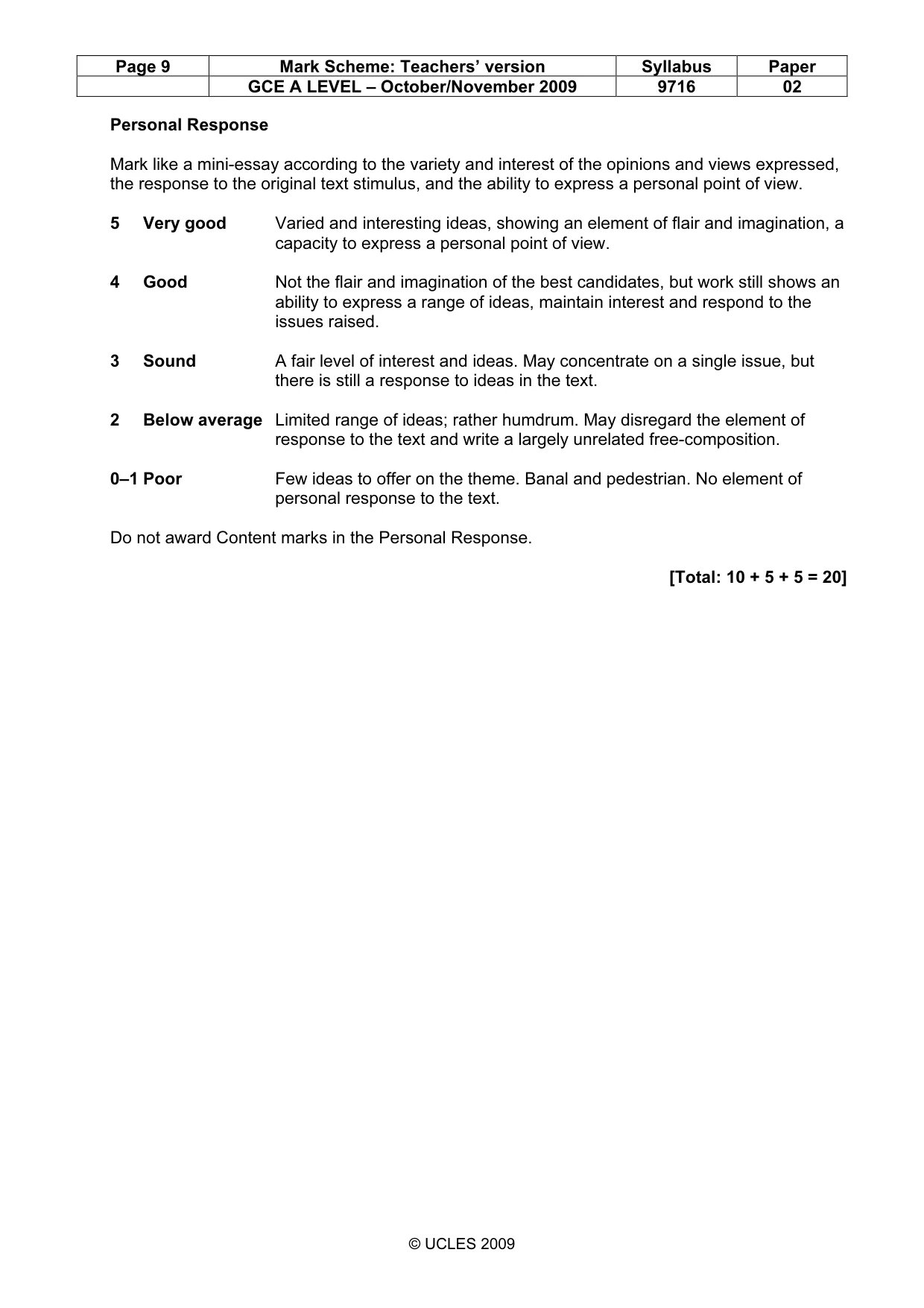 Mark scheme, page 9 of 9