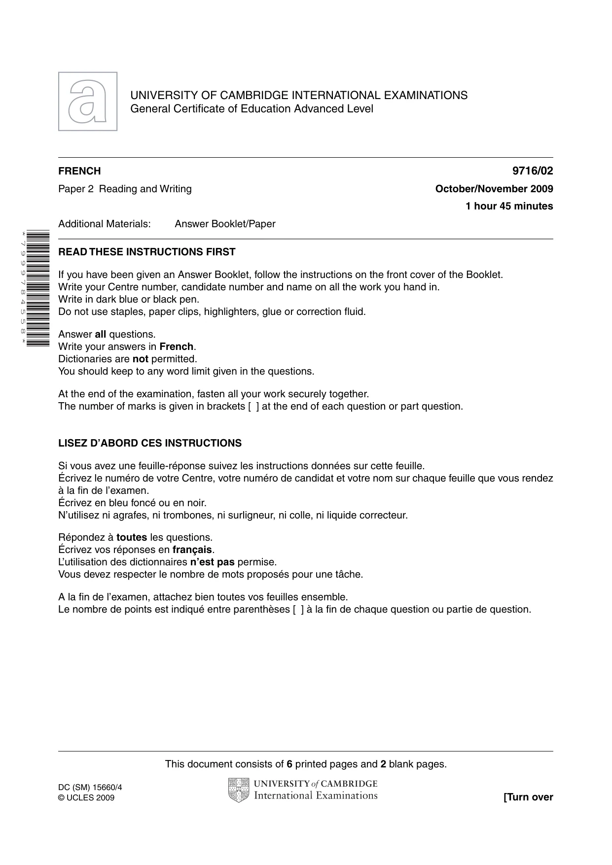 Cambridge A Level French (A Level only) 9716 2009 Oct/Nov Paper 2 · Variant 1 question paper, page 1 of 8