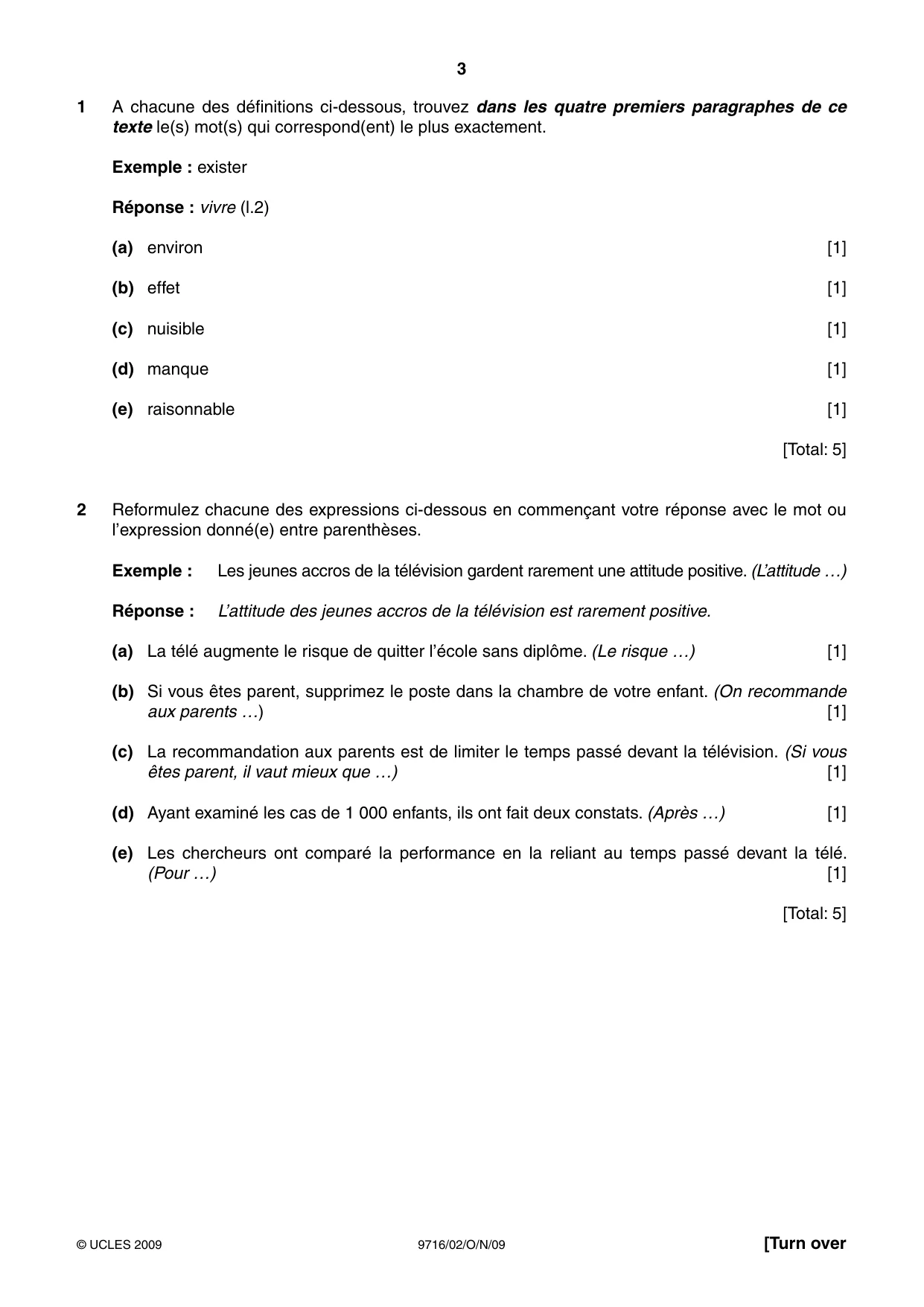 Cambridge A Level French (A Level only) 9716 2009 Oct/Nov Paper 2 · Variant 1 question paper, page 3 of 8