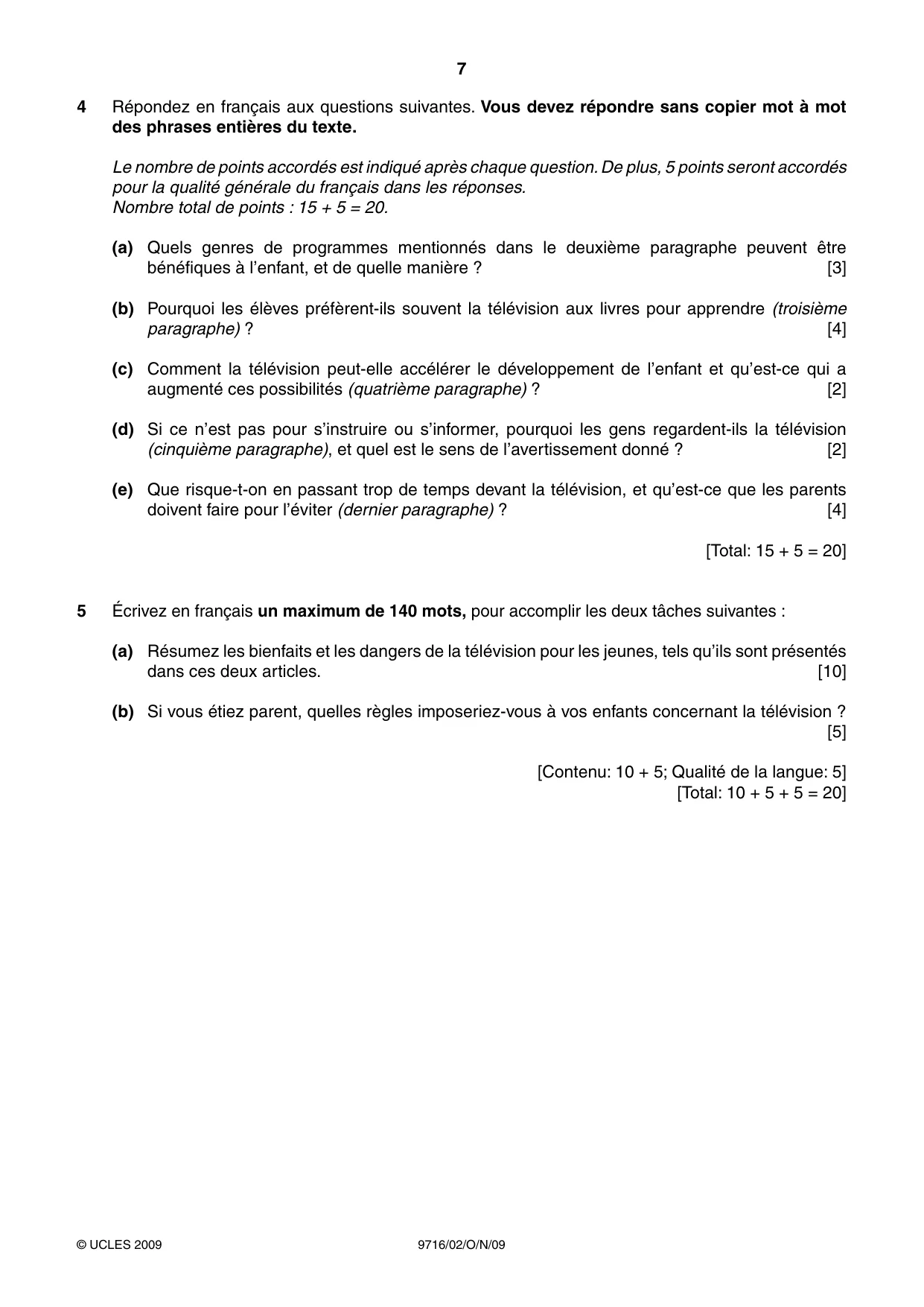 Cambridge A Level French (A Level only) 9716 2009 Oct/Nov Paper 2 · Variant 1 question paper, page 7 of 8