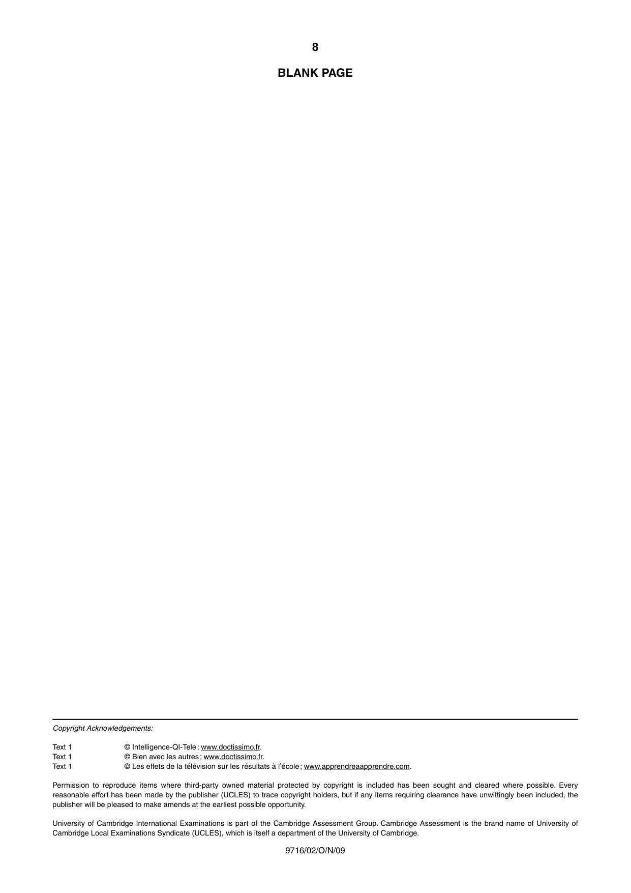Cambridge A Level French (A Level only) 9716 2009 Oct/Nov Paper 2 · Variant 1 question paper, page 8 of 8