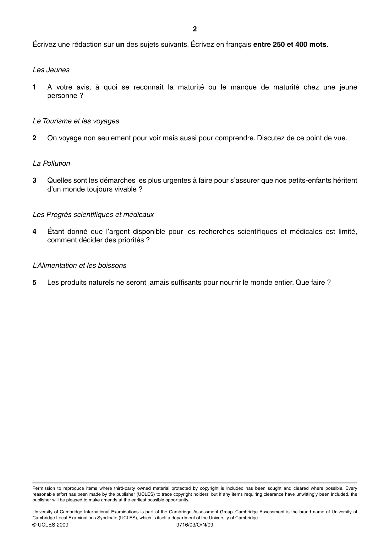 Cambridge A Level French (A Level only) 9716 2009 Oct/Nov Paper 3 · Variant 1 question paper, page 2 of 2