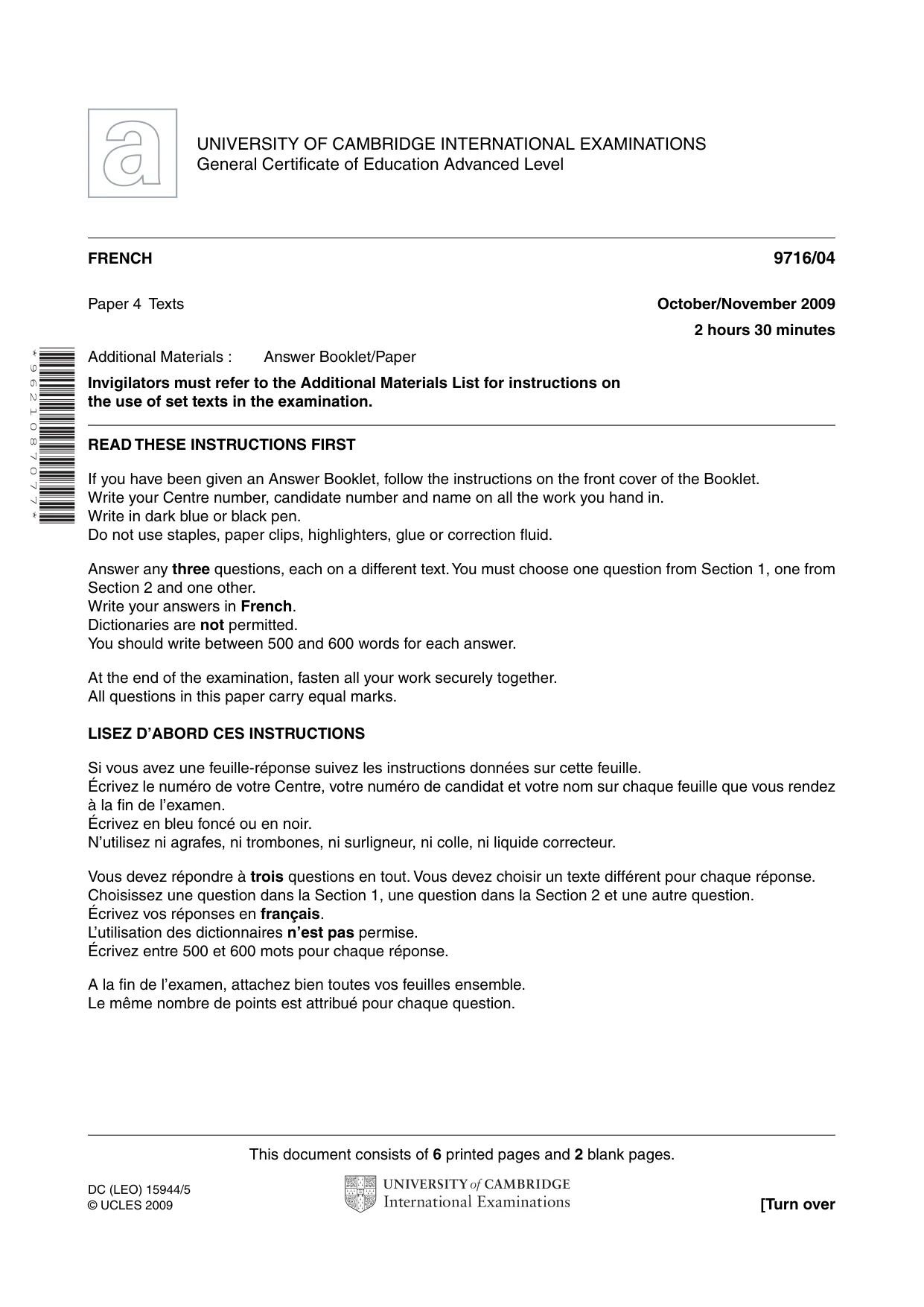 Cambridge A Level French (A Level only) 9716 2009 Oct/Nov Paper 4 · Variant 1 question paper, page 1 of 8