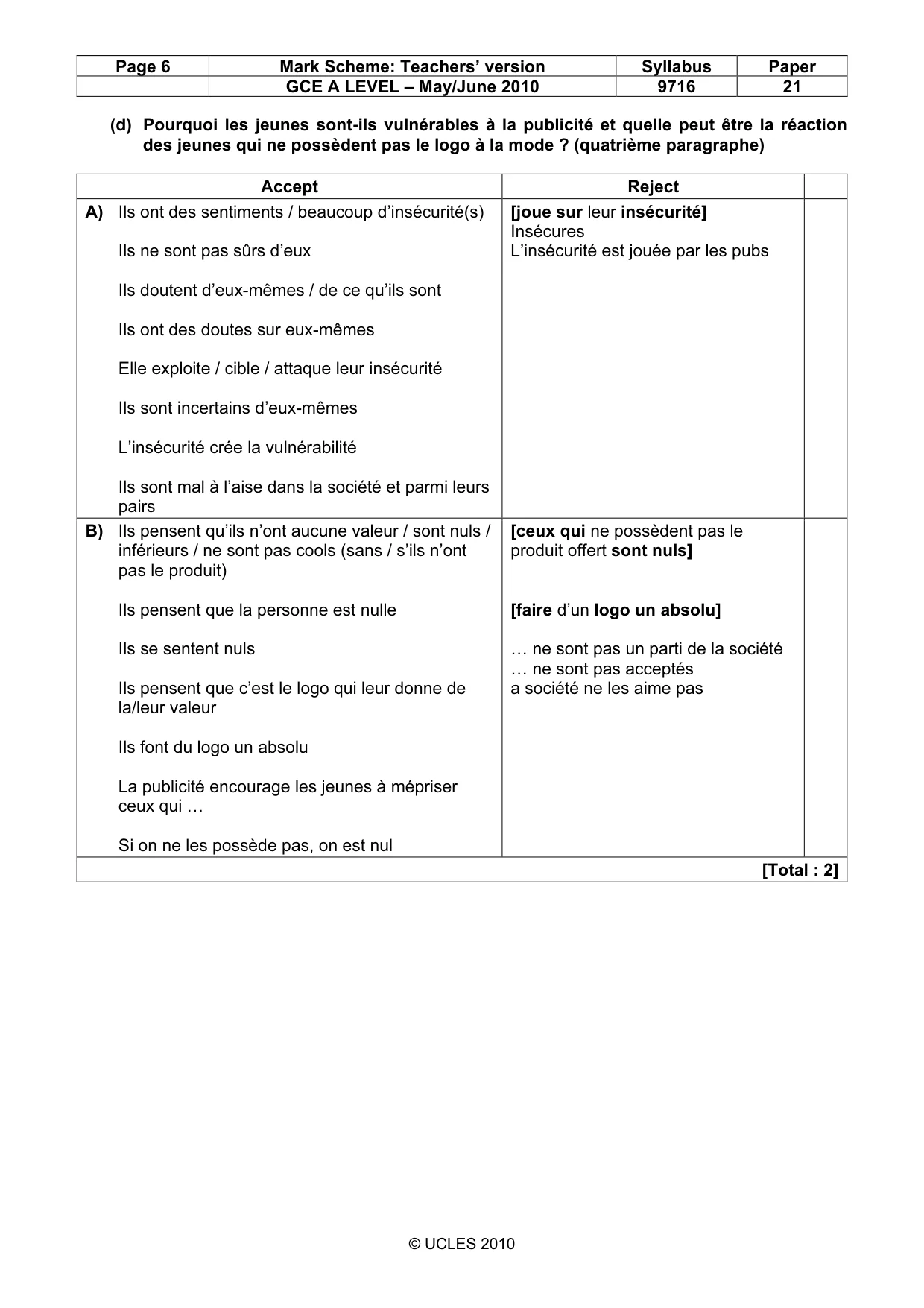 Mark scheme, page 6 of 14