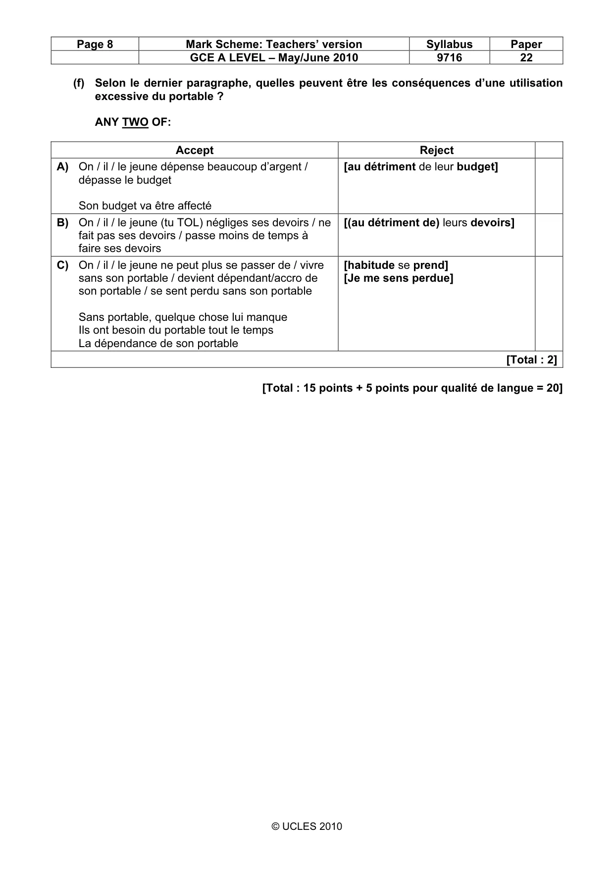 Mark scheme, page 8 of 14