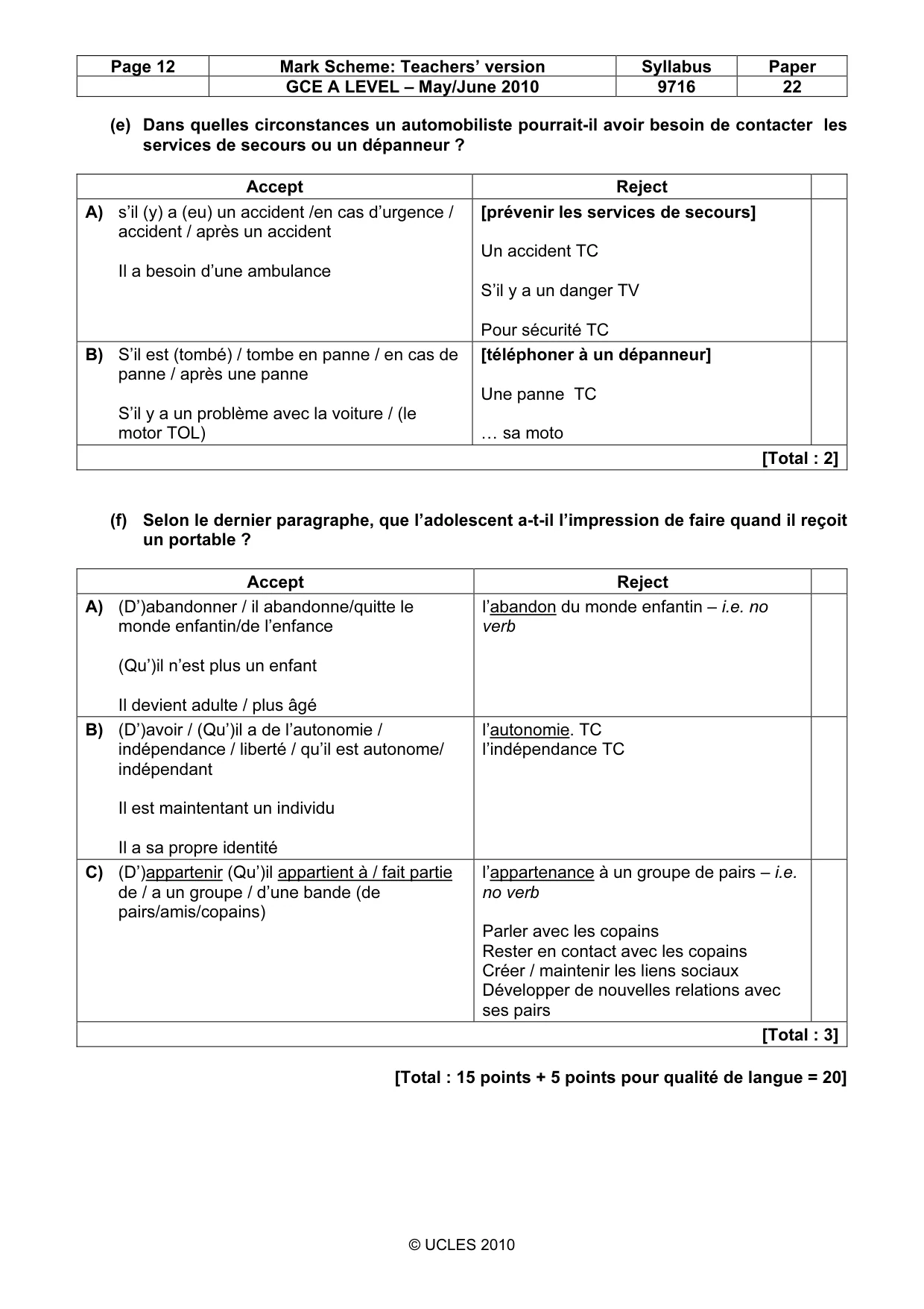 Mark scheme, page 12 of 14
