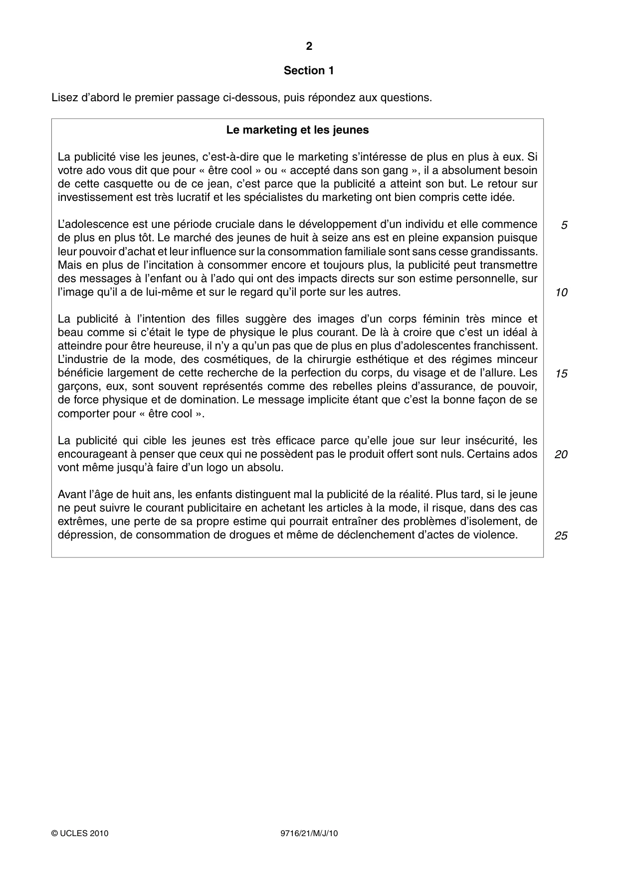 Cambridge A Level French (A Level only) 9716 2010 May/June Paper 2 · Variant 1 question paper, page 2 of 8