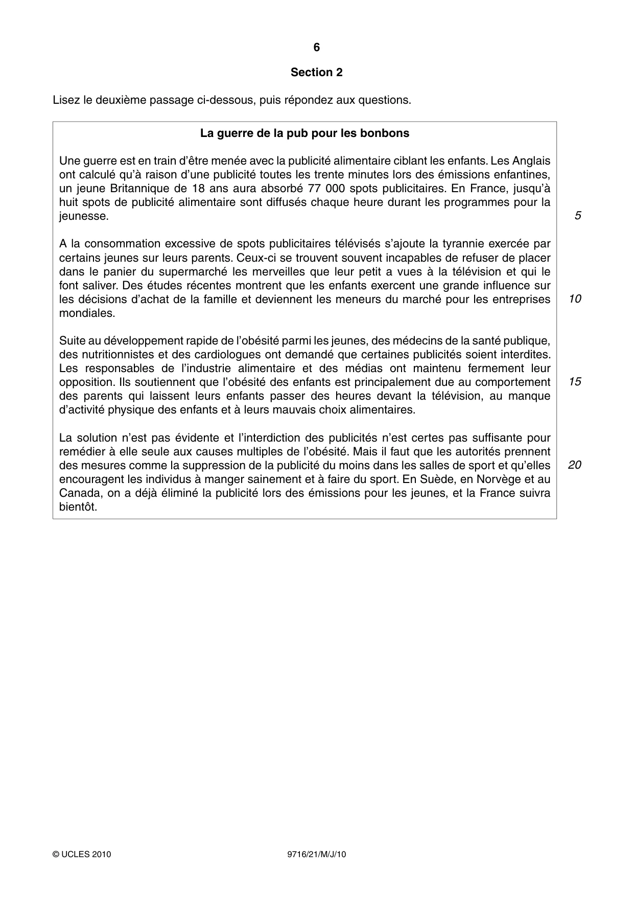 Cambridge A Level French (A Level only) 9716 2010 May/June Paper 2 · Variant 1 question paper, page 6 of 8