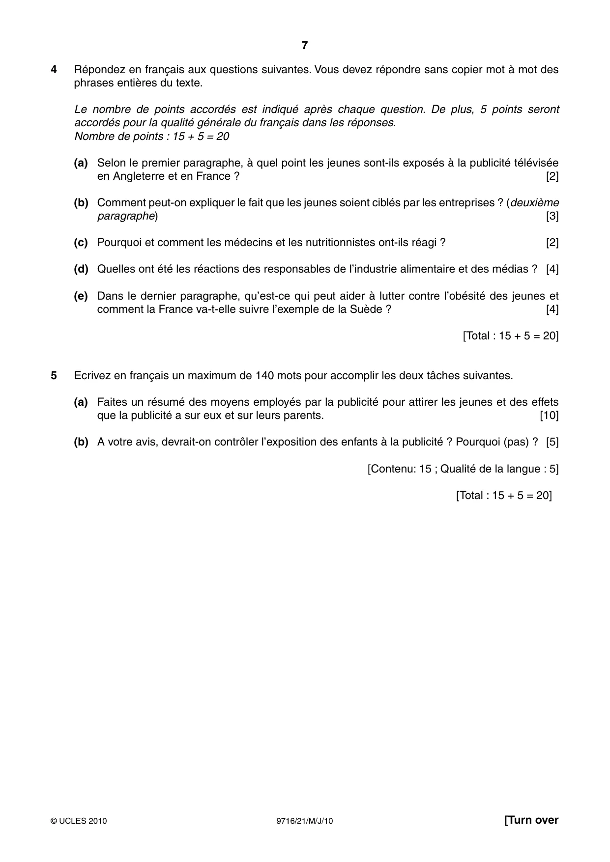 Cambridge A Level French (A Level only) 9716 2010 May/June Paper 2 · Variant 1 question paper, page 7 of 8