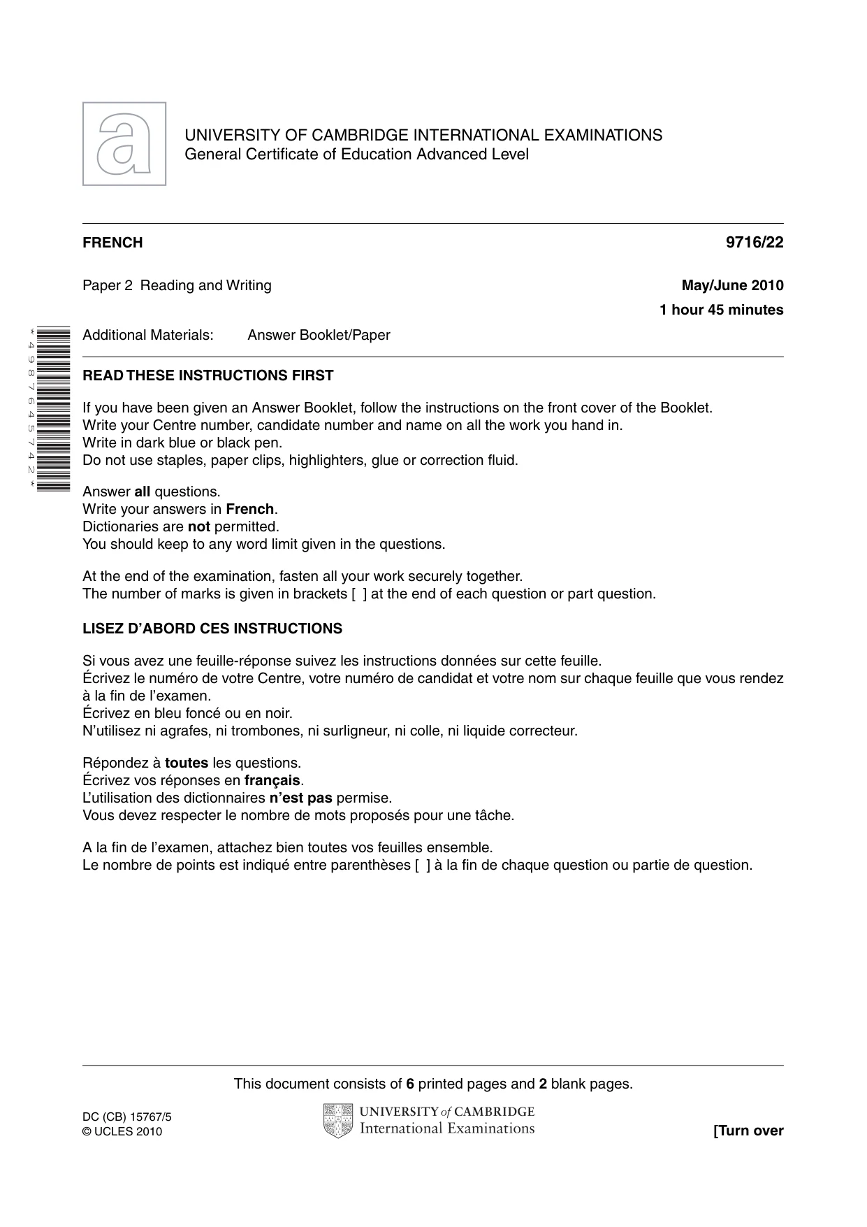 Cambridge A Level French (A Level only) 9716 2010 May/June Paper 2 · Variant 2 question paper, page 1 of 8