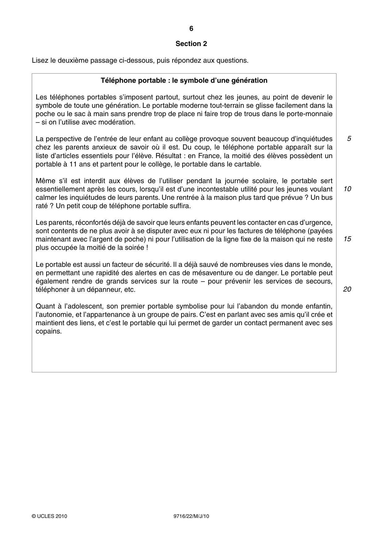 Cambridge A Level French (A Level only) 9716 2010 May/June Paper 2 · Variant 2 question paper, page 6 of 8
