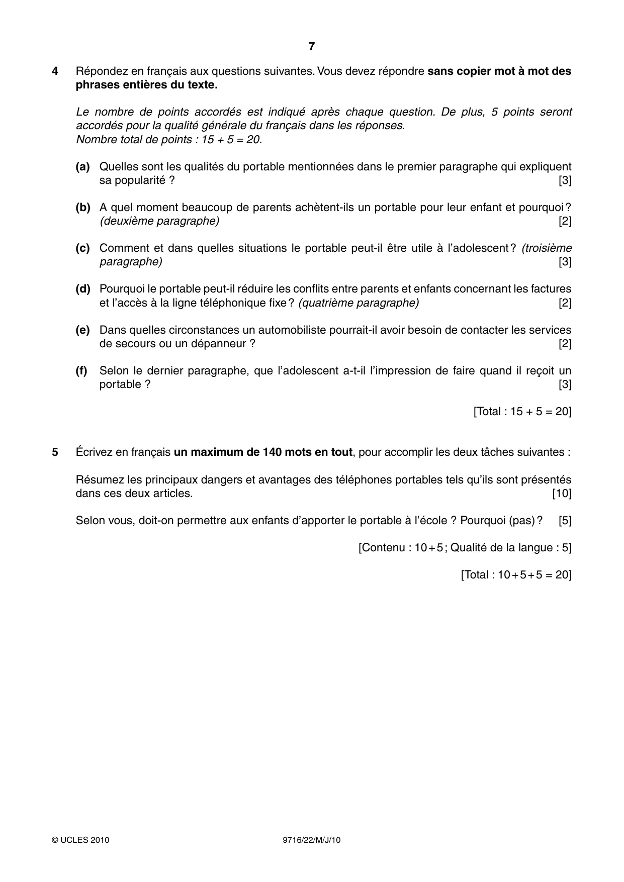 Cambridge A Level French (A Level only) 9716 2010 May/June Paper 2 · Variant 2 question paper, page 7 of 8