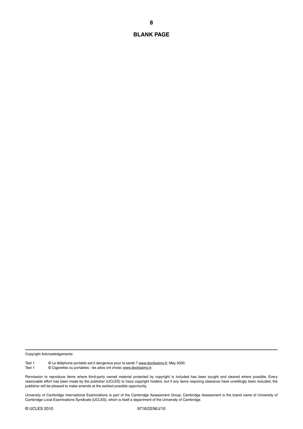 Cambridge A Level French (A Level only) 9716 2010 May/June Paper 2 · Variant 2 question paper, page 8 of 8