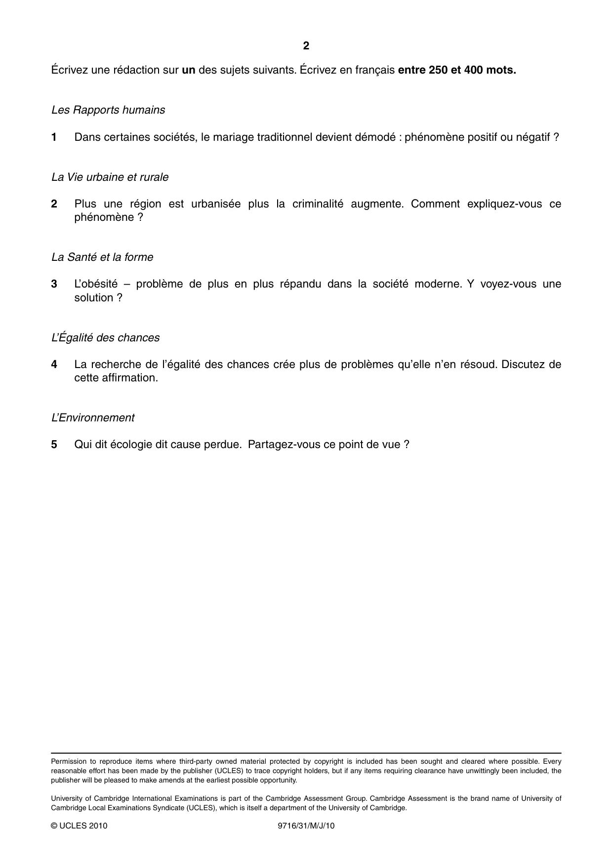 Cambridge A Level French (A Level only) 9716 2010 May/June Paper 3 · Variant 1 question paper, page 2 of 2
