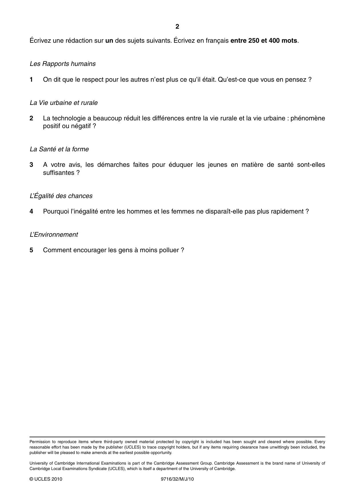 Cambridge A Level French (A Level only) 9716 2010 May/June Paper 3 · Variant 2 question paper, page 2 of 2