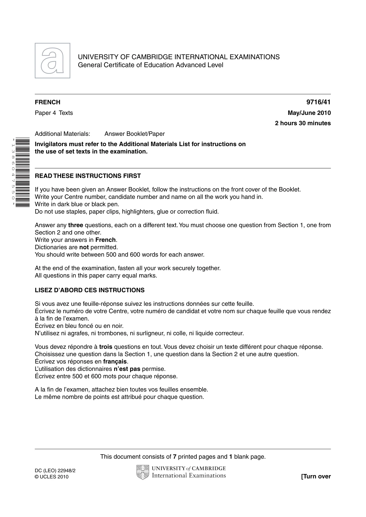 Cambridge A Level French (A Level only) 9716 2010 May/June Paper 4 · Variant 1 question paper, page 1 of 8