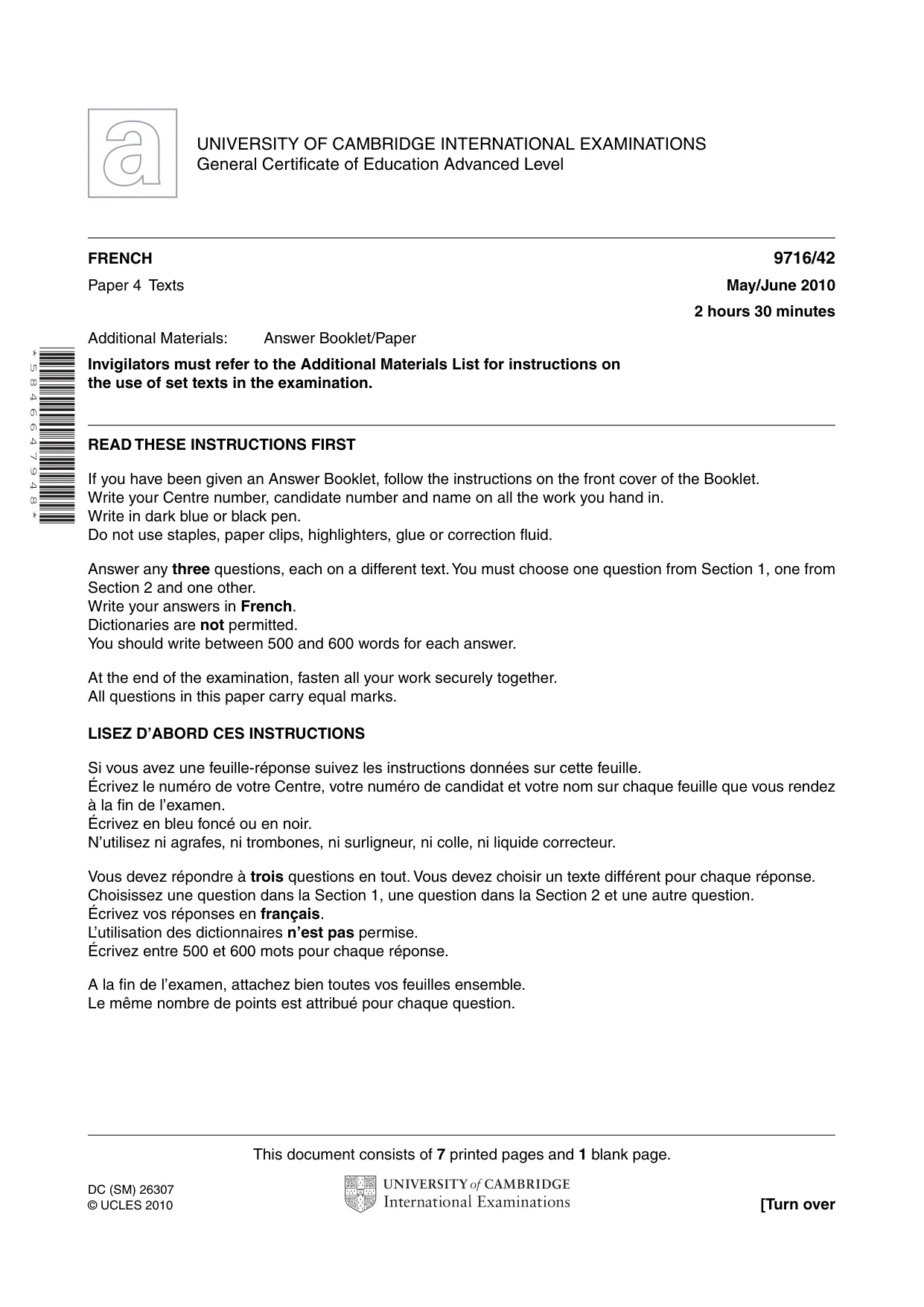 Cambridge A Level French (A Level only) 9716 2010 May/June Paper 4 · Variant 2 question paper, page 1 of 8