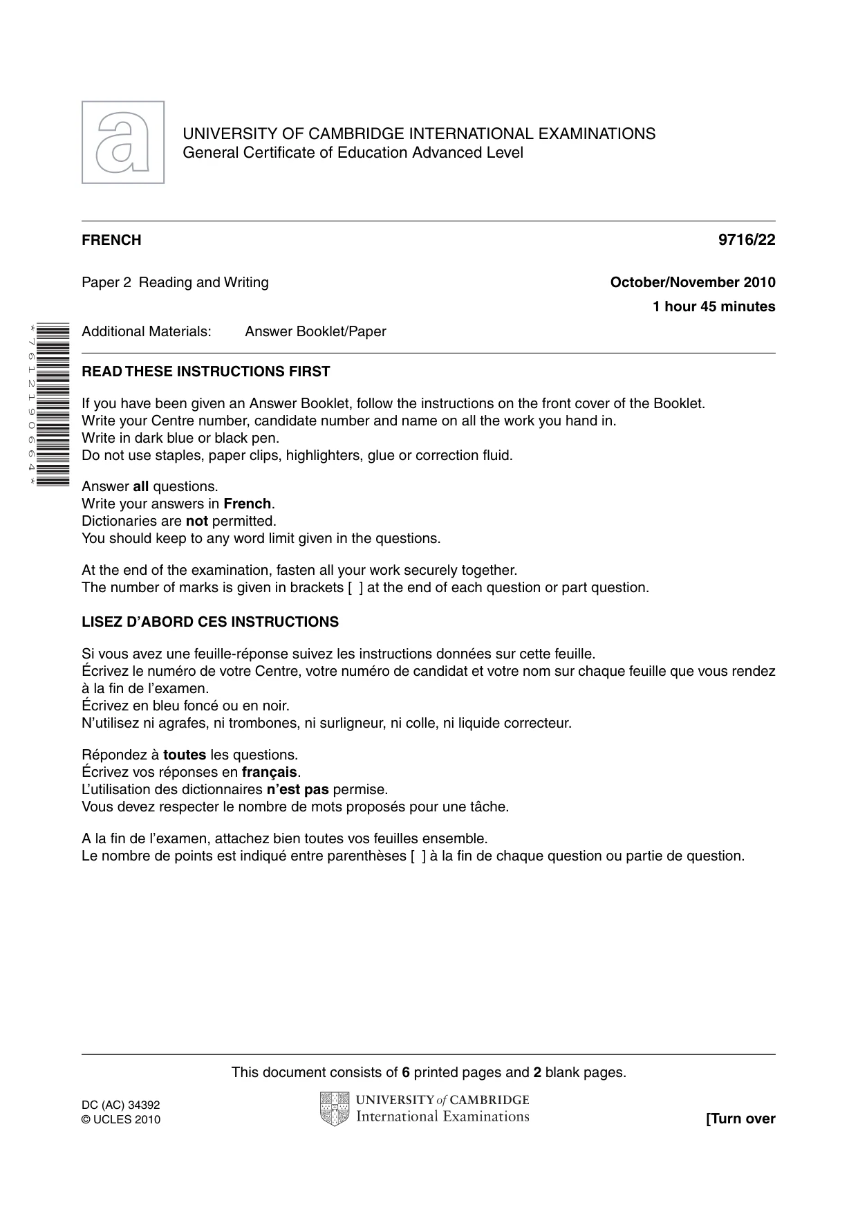 Cambridge A Level French (A Level only) 9716 2010 Oct/Nov Paper 2 · Variant 2 question paper, page 1 of 8