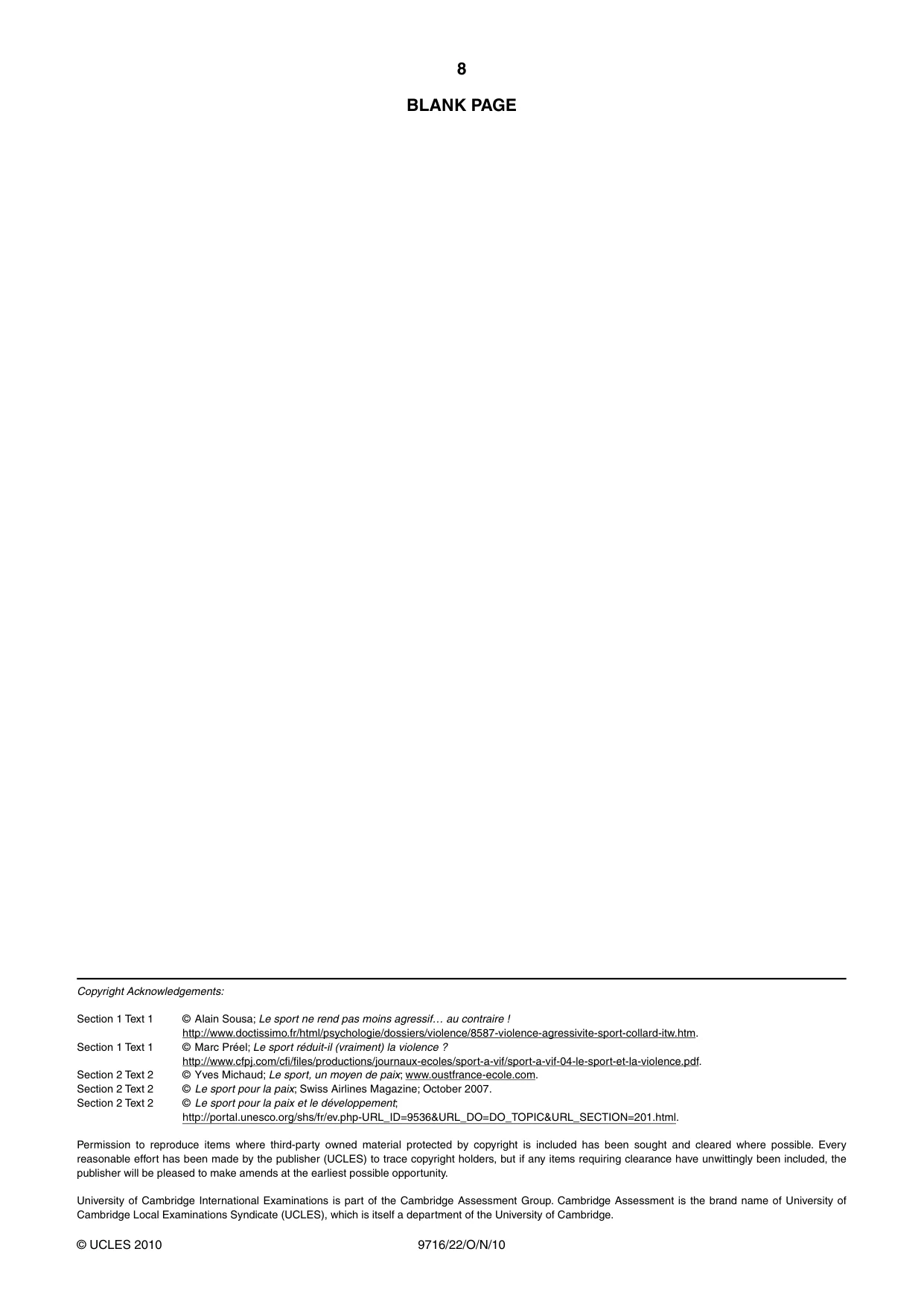 Cambridge A Level French (A Level only) 9716 2010 Oct/Nov Paper 2 · Variant 2 question paper, page 8 of 8