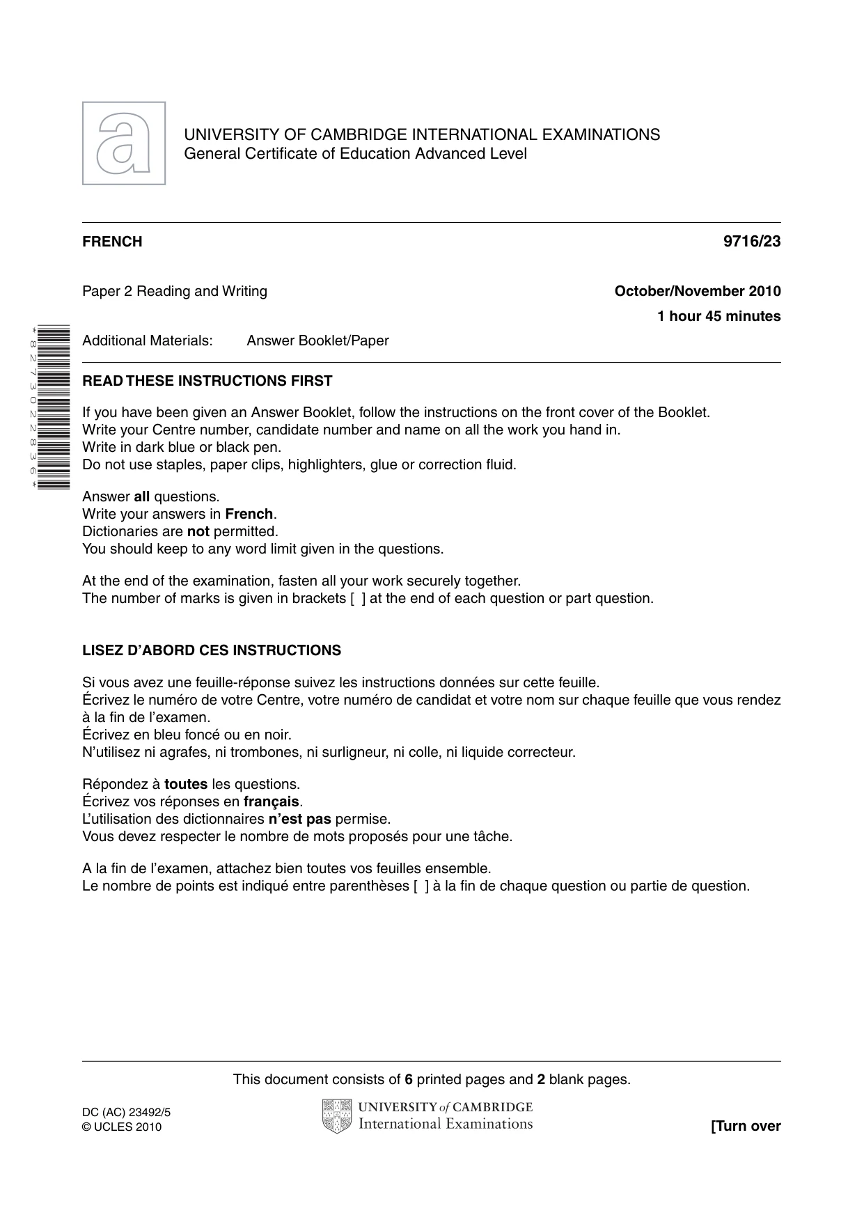 Cambridge A Level French (A Level only) 9716 2010 Oct/Nov Paper 2 · Variant 3 question paper, page 1 of 8