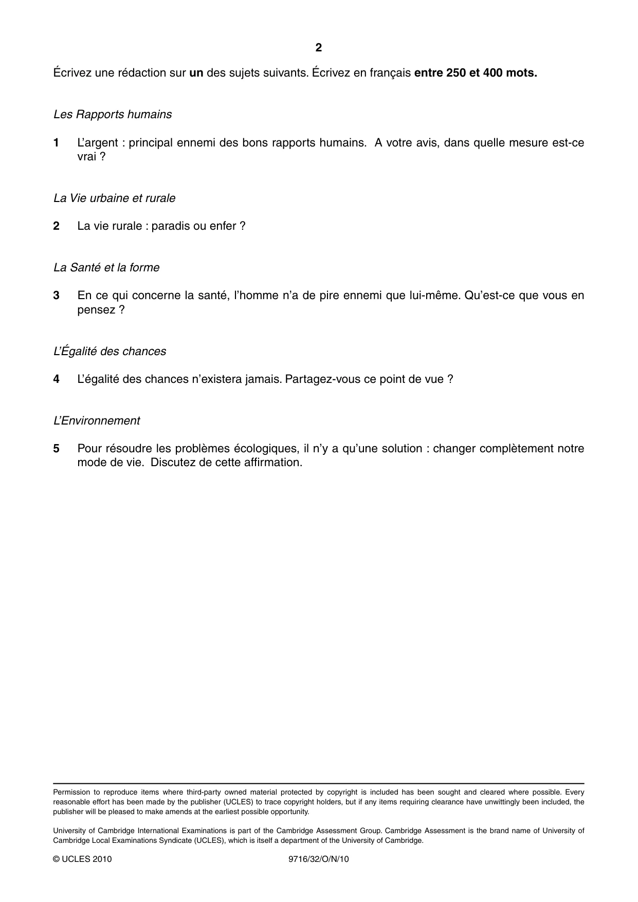 Cambridge A Level French (A Level only) 9716 2010 Oct/Nov Paper 3 · Variant 2 question paper, page 2 of 2