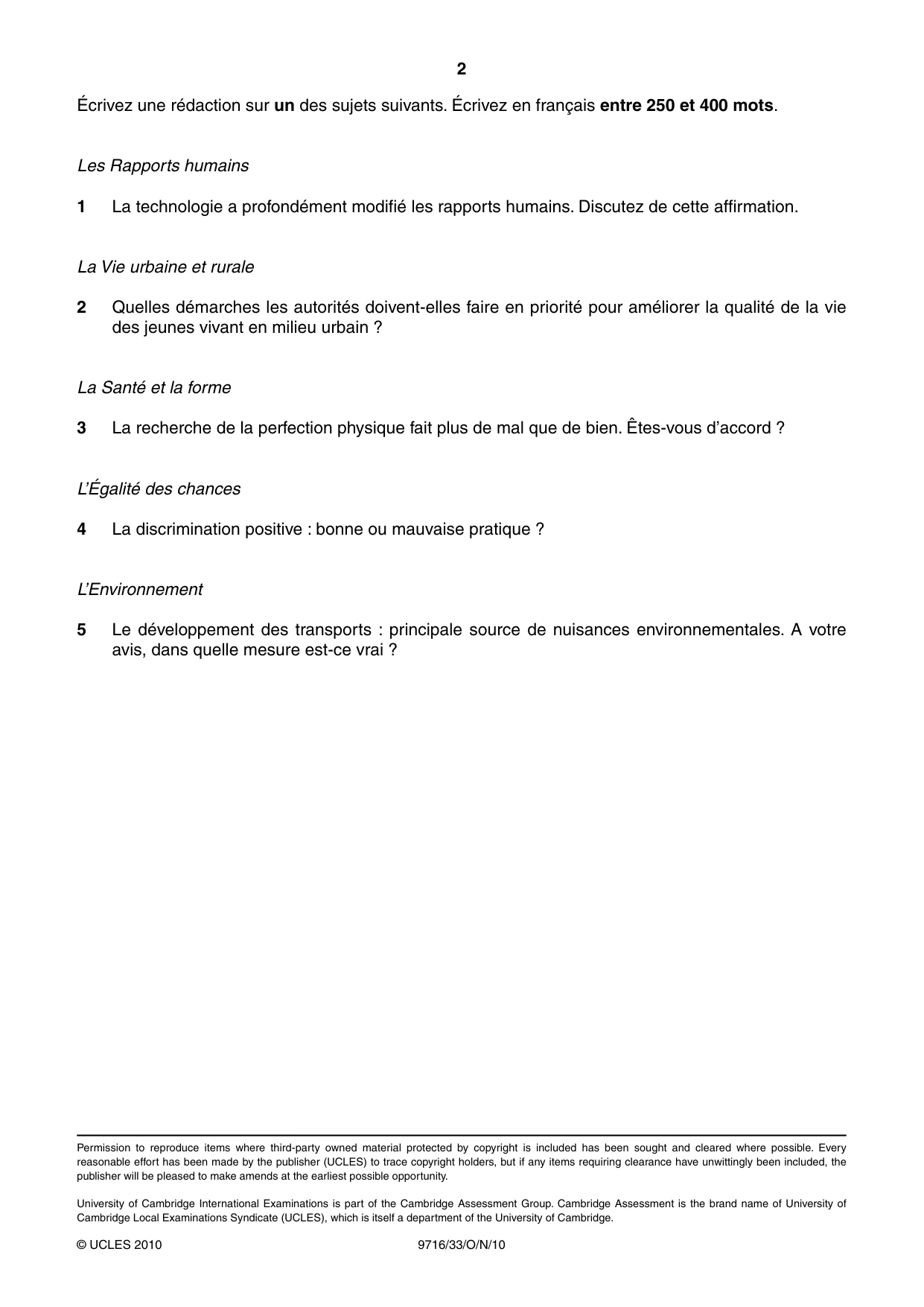 Cambridge A Level French (A Level only) 9716 2010 Oct/Nov Paper 3 · Variant 3 question paper, page 2 of 2