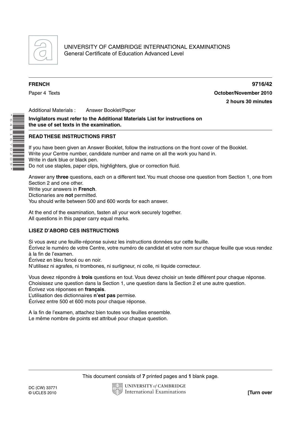 Cambridge A Level French (A Level only) 9716 2010 Oct/Nov Paper 4 · Variant 2 question paper, page 1 of 8