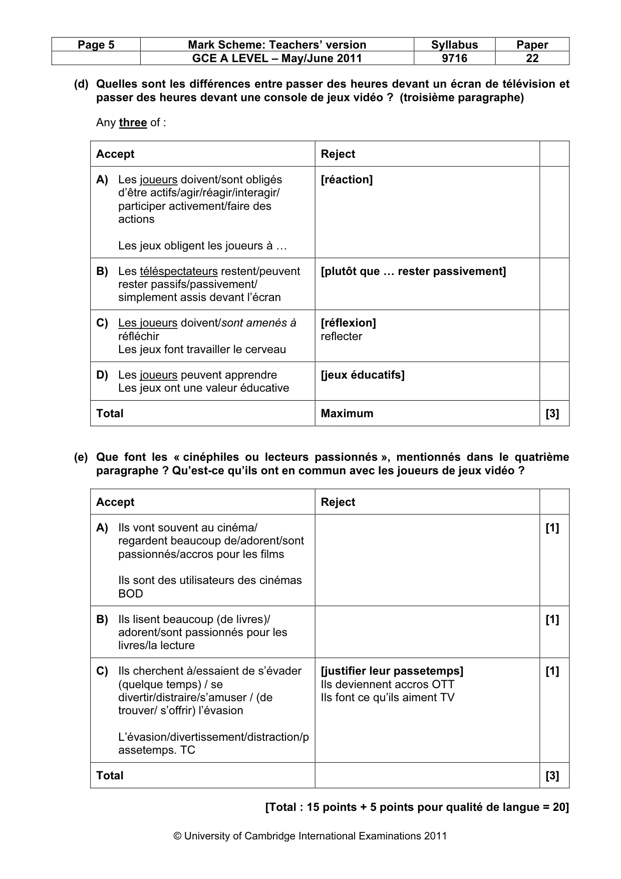 Mark scheme, page 5 of 11