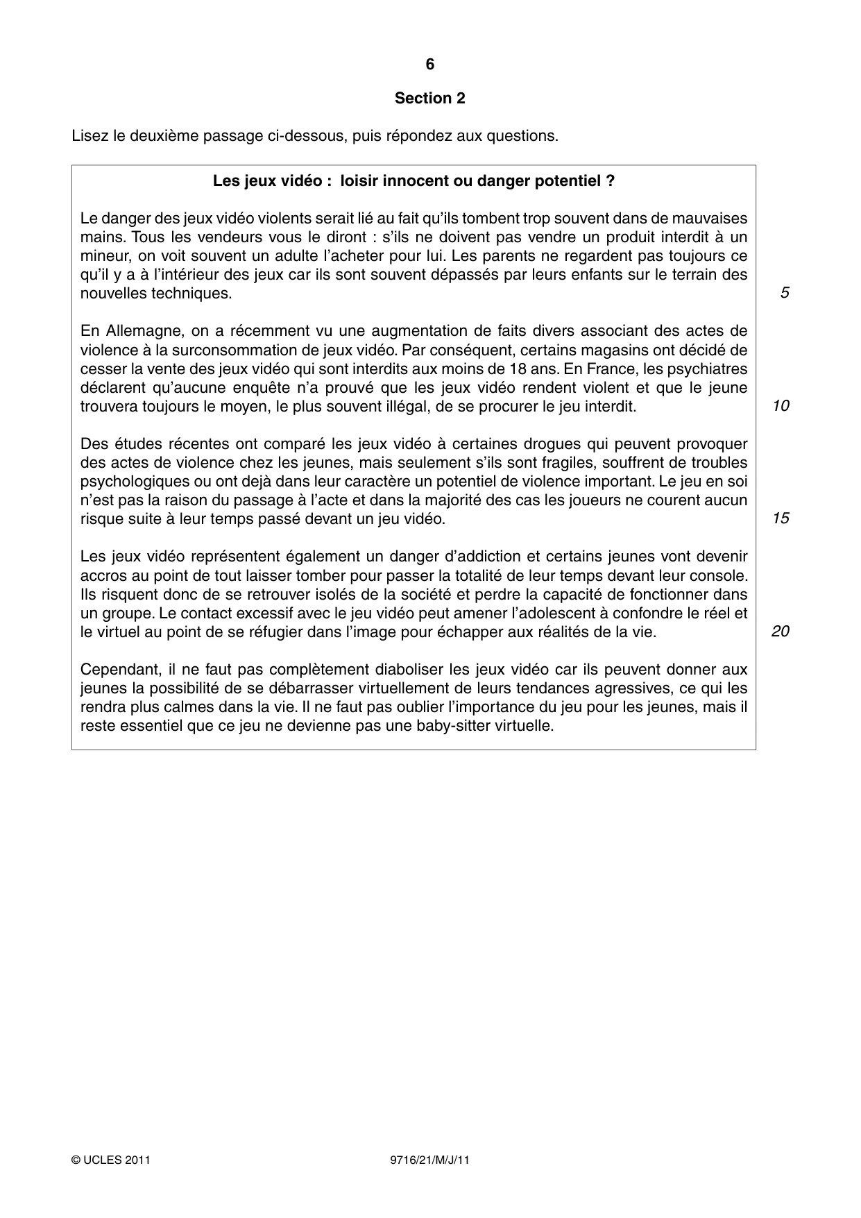 Cambridge A Level French (A Level only) 9716 2011 May/June Paper 2 · Variant 1 question paper, page 6 of 8