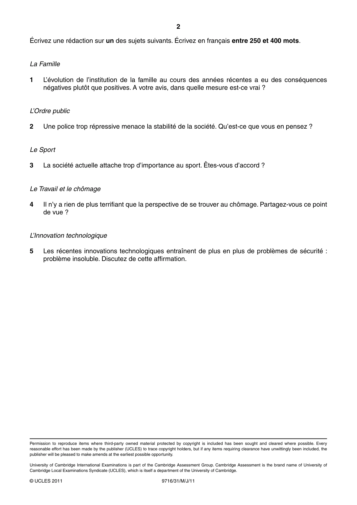 Cambridge A Level French (A Level only) 9716 2011 May/June Paper 3 · Variant 1 question paper, page 2 of 2