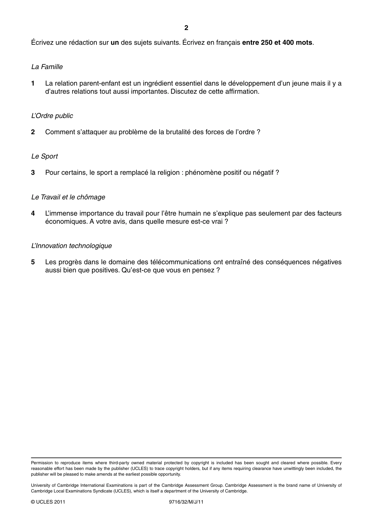 Cambridge A Level French (A Level only) 9716 2011 May/June Paper 3 · Variant 2 question paper, page 2 of 2