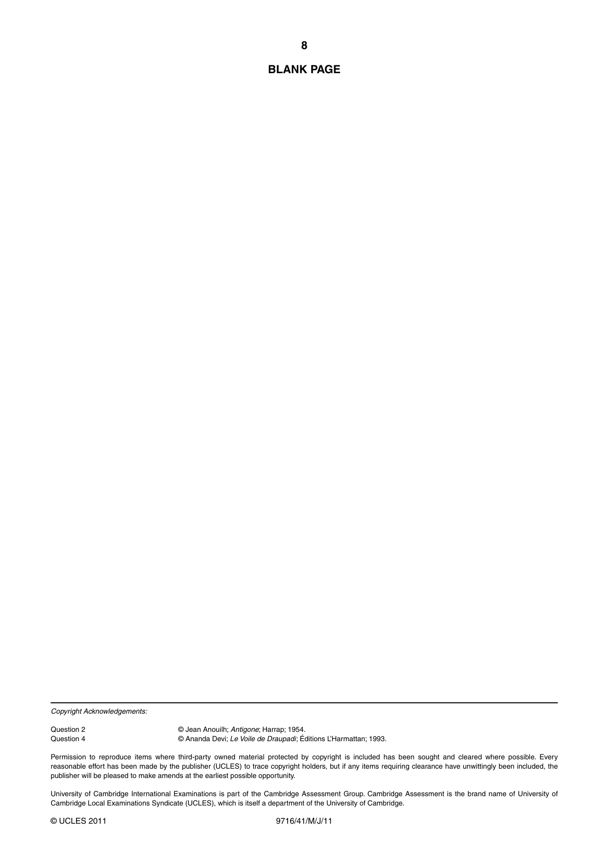 Cambridge A Level French (A Level only) 9716 2011 May/June Paper 4 · Variant 1 question paper, page 8 of 8