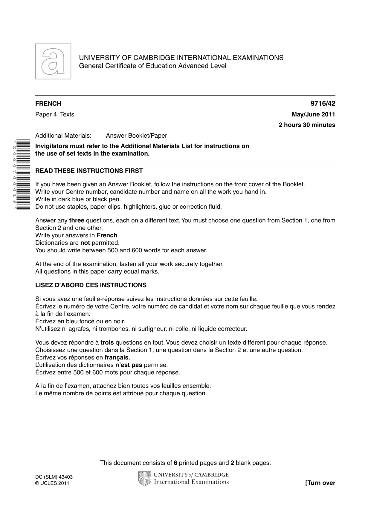 Cambridge A Level French (A Level only) 9716 2011 May/June Paper 4 · Variant 2 question paper, page 1 of 8
