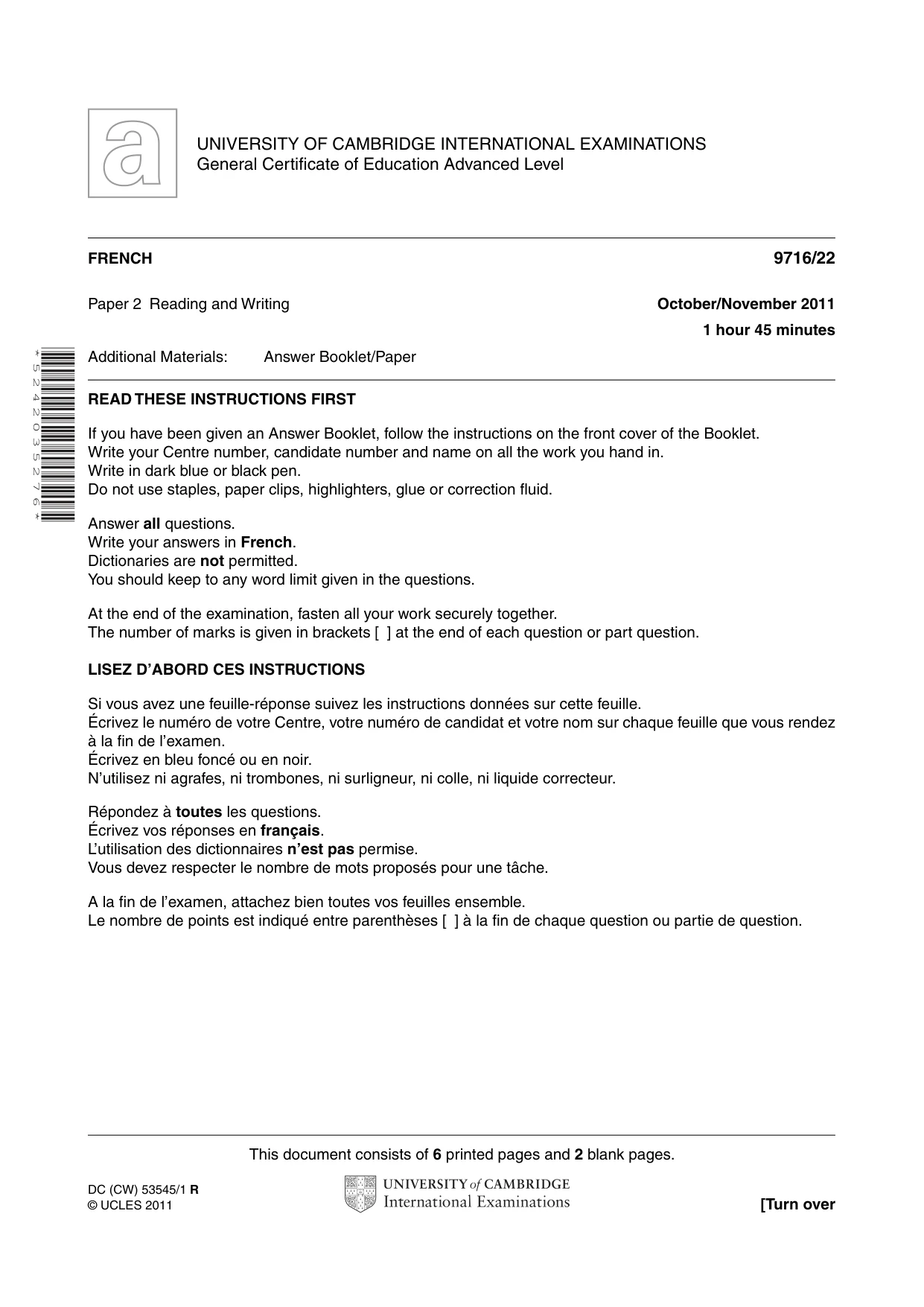 Cambridge A Level French (A Level only) 9716 2011 Oct/Nov Paper 2 · Variant 2 question paper, page 1 of 8