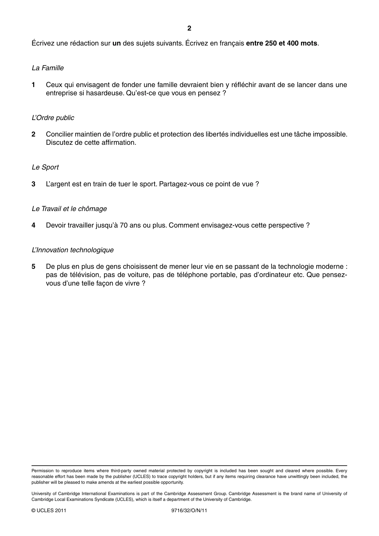 Cambridge A Level French (A Level only) 9716 2011 Oct/Nov Paper 3 · Variant 2 question paper, page 2 of 2