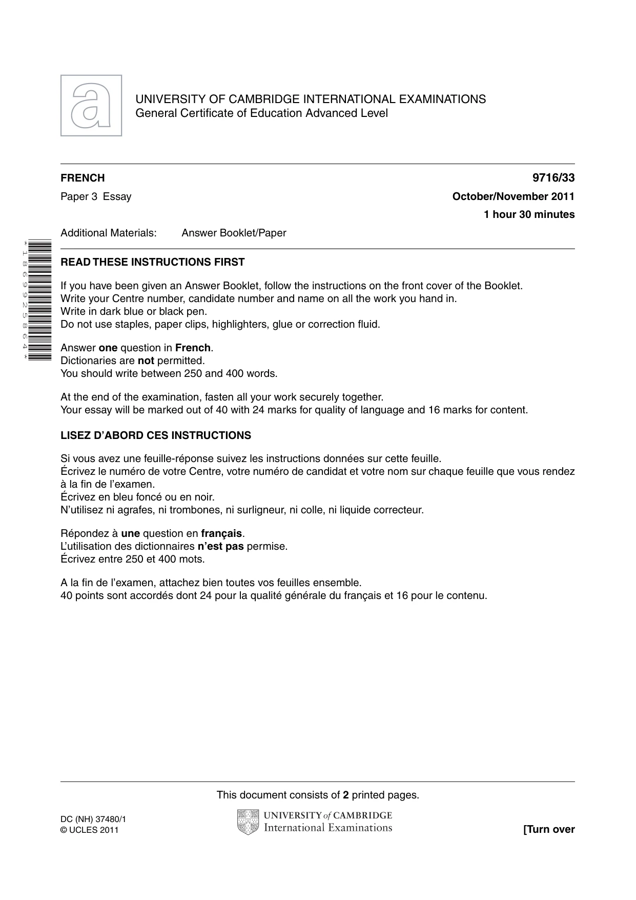 Cambridge A Level French (A Level only) 9716 2011 Oct/Nov Paper 3 · Variant 3 question paper, page 1 of 2