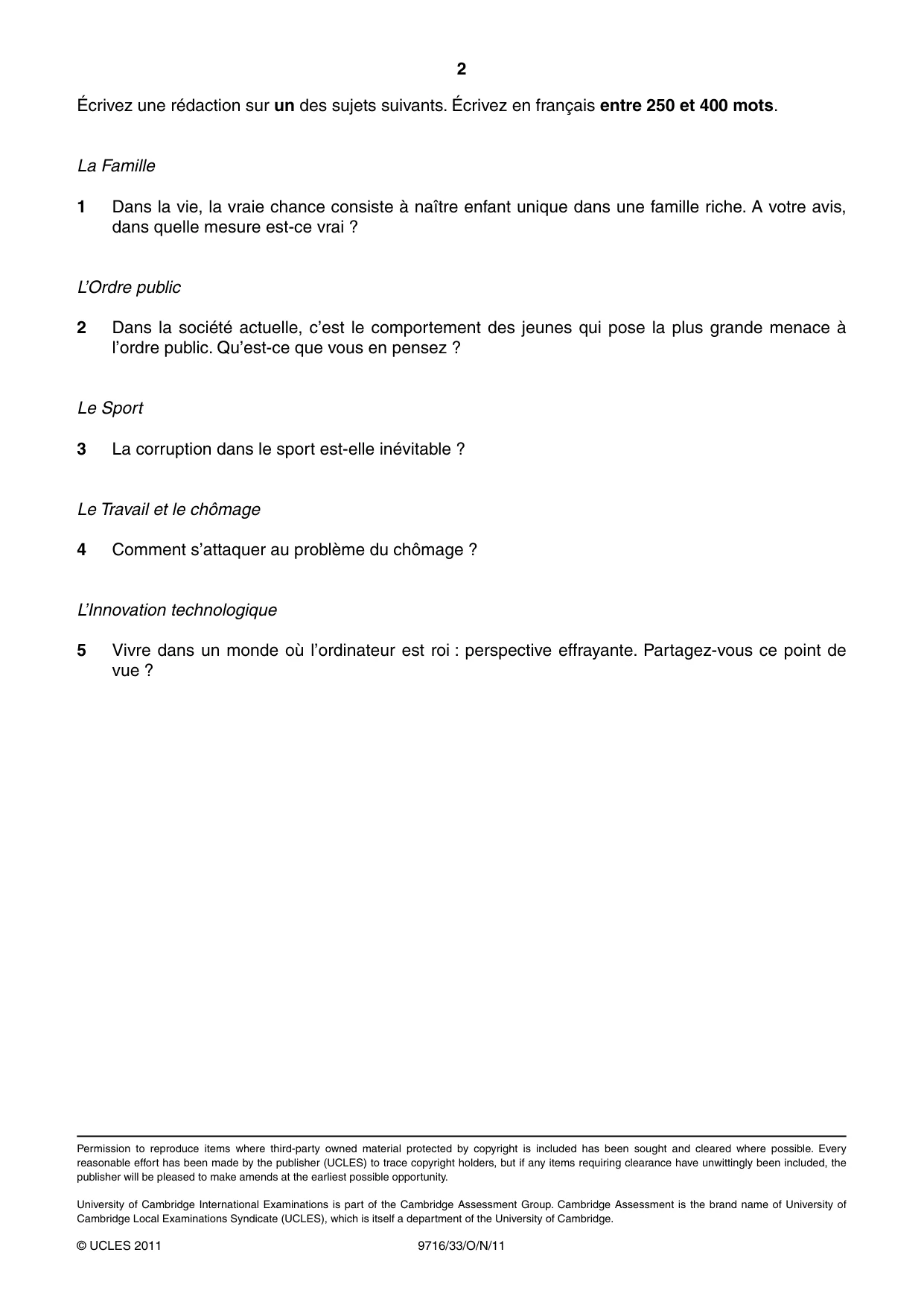 Cambridge A Level French (A Level only) 9716 2011 Oct/Nov Paper 3 · Variant 3 question paper, page 2 of 2