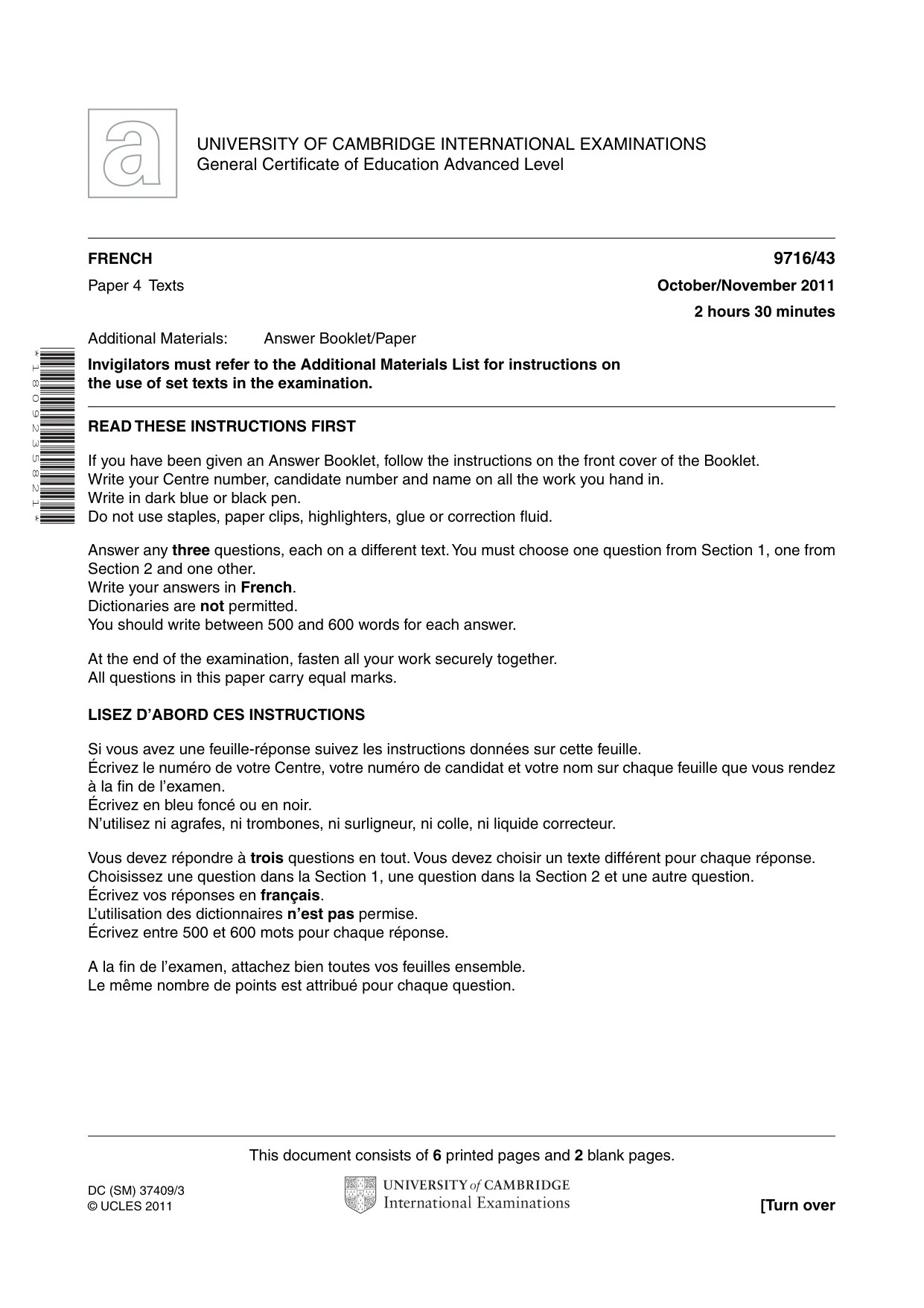 Cambridge A Level French (A Level only) 9716 2011 Oct/Nov Paper 4 · Variant 3 question paper, page 1 of 8