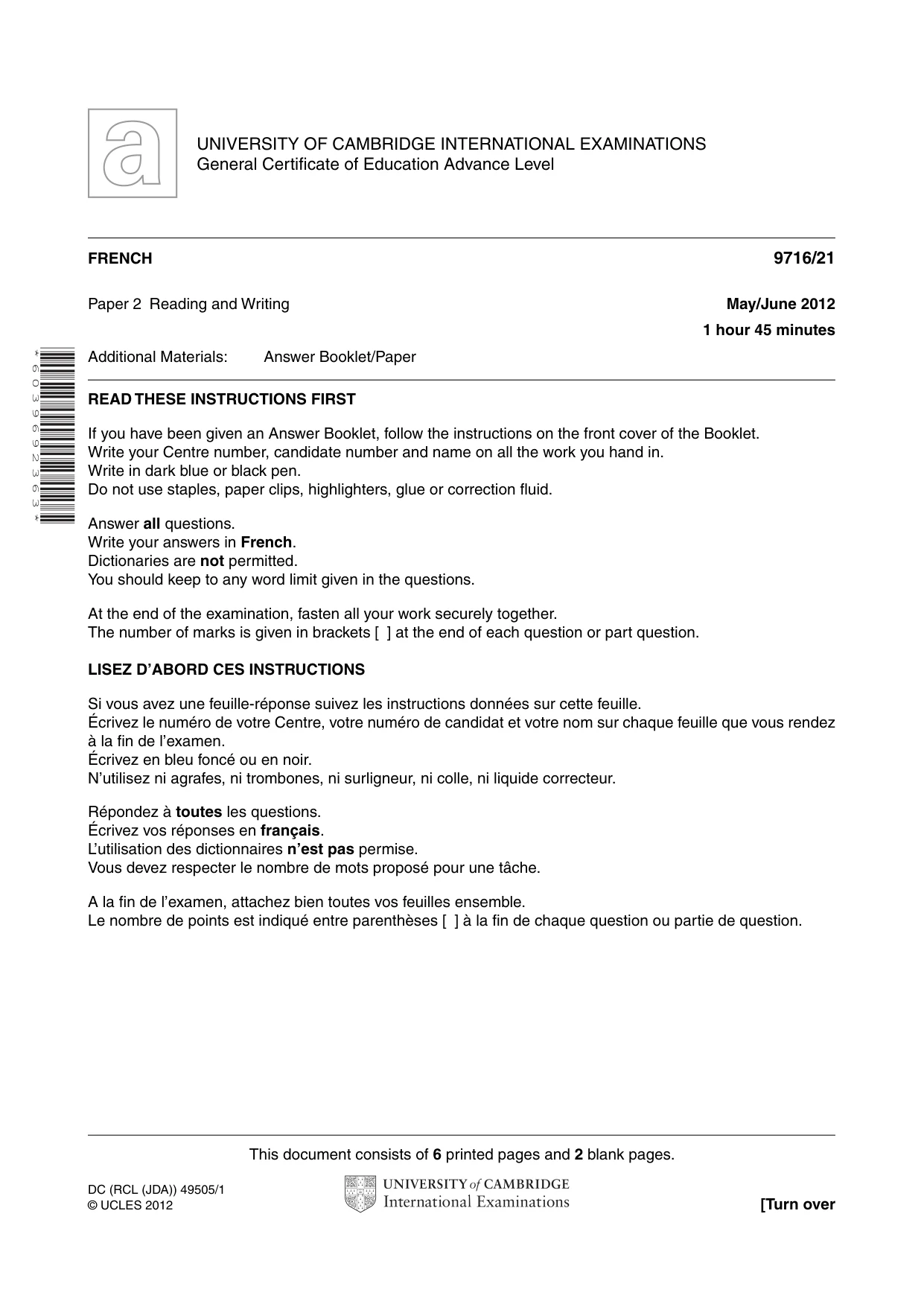 Cambridge A Level French (A Level only) 9716 2012 May/June Paper 2 · Variant 1 question paper, page 1 of 8