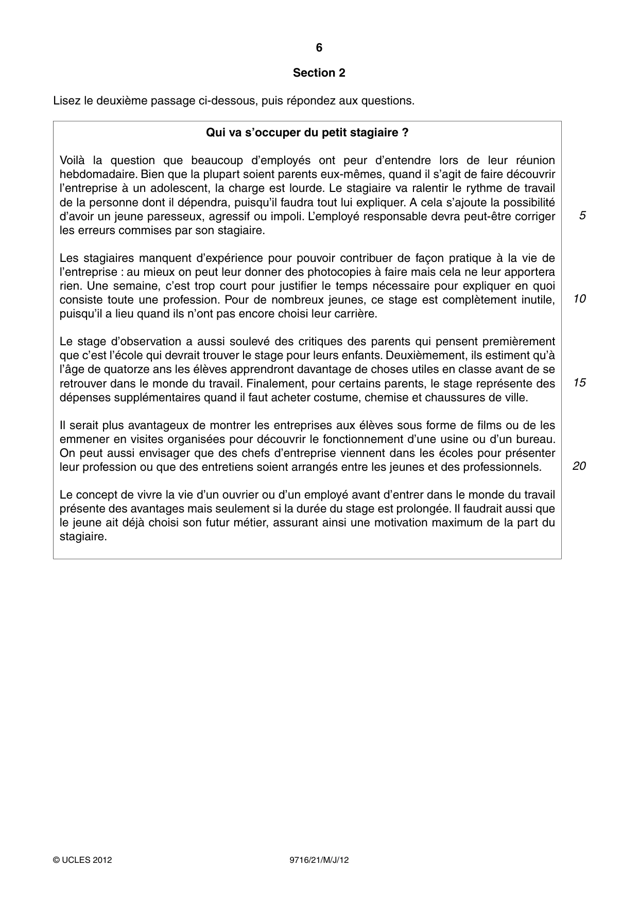 Cambridge A Level French (A Level only) 9716 2012 May/June Paper 2 · Variant 1 question paper, page 6 of 8