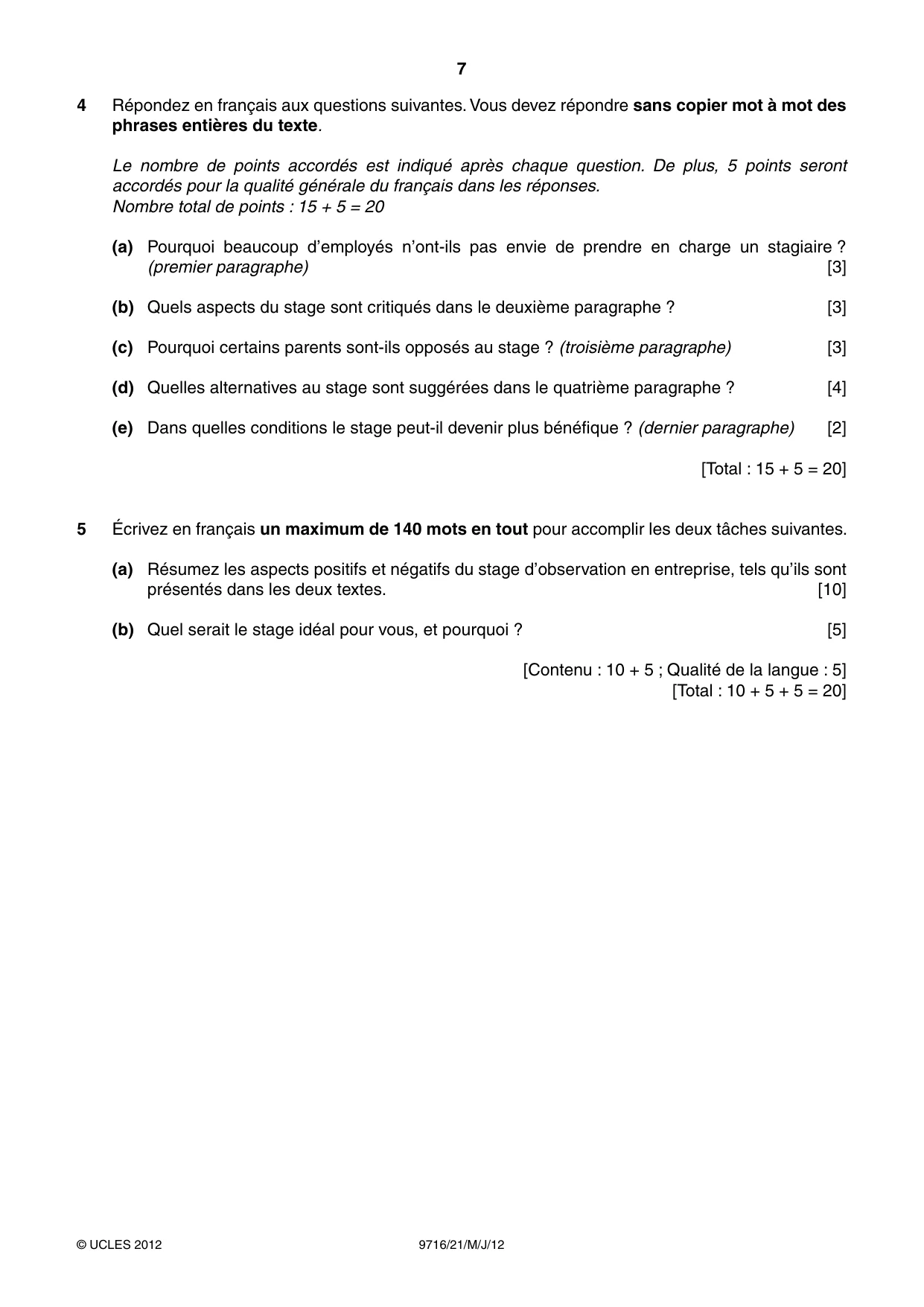 Cambridge A Level French (A Level only) 9716 2012 May/June Paper 2 · Variant 1 question paper, page 7 of 8