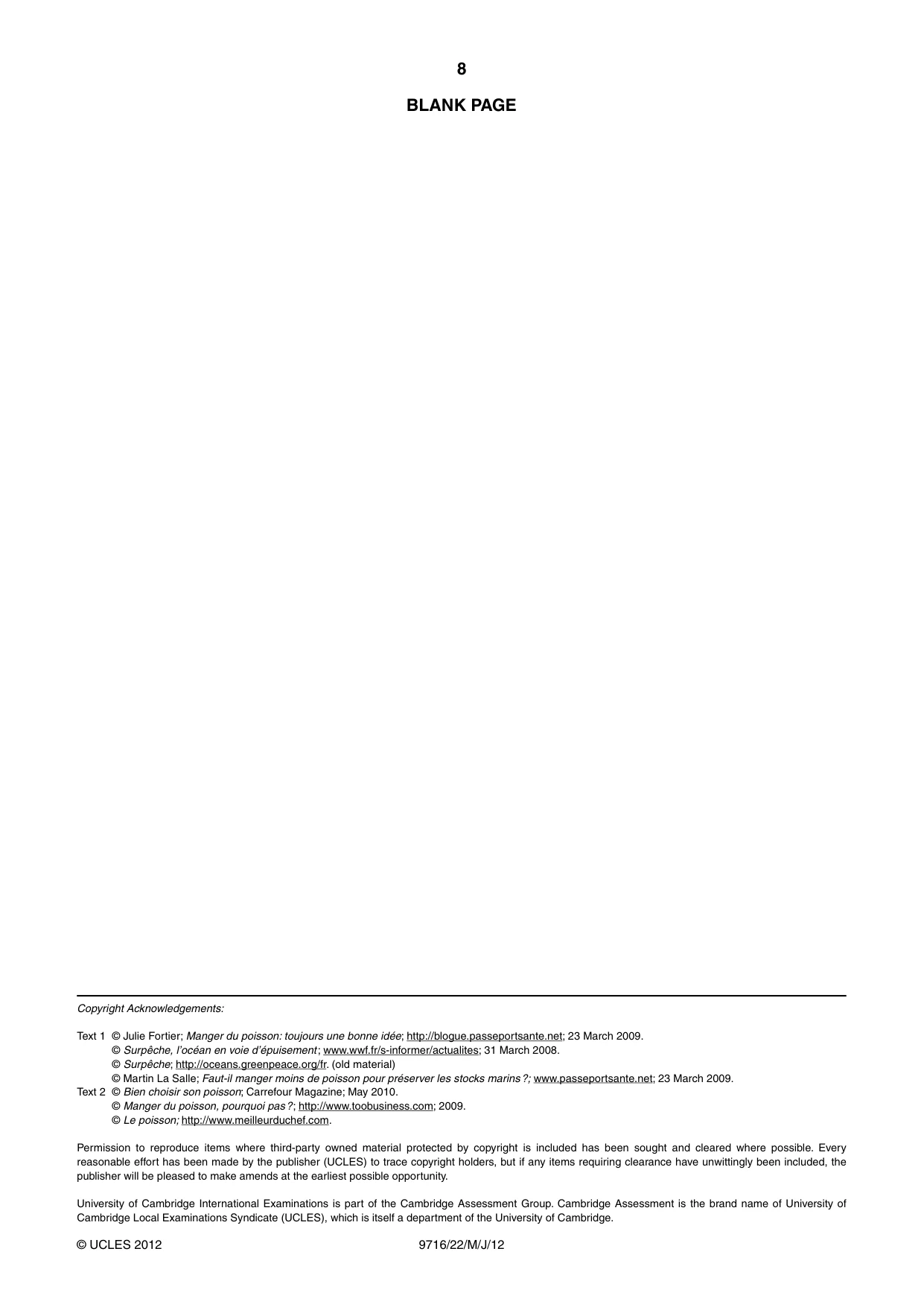 Cambridge A Level French (A Level only) 9716 2012 May/June Paper 2 · Variant 2 question paper, page 8 of 8