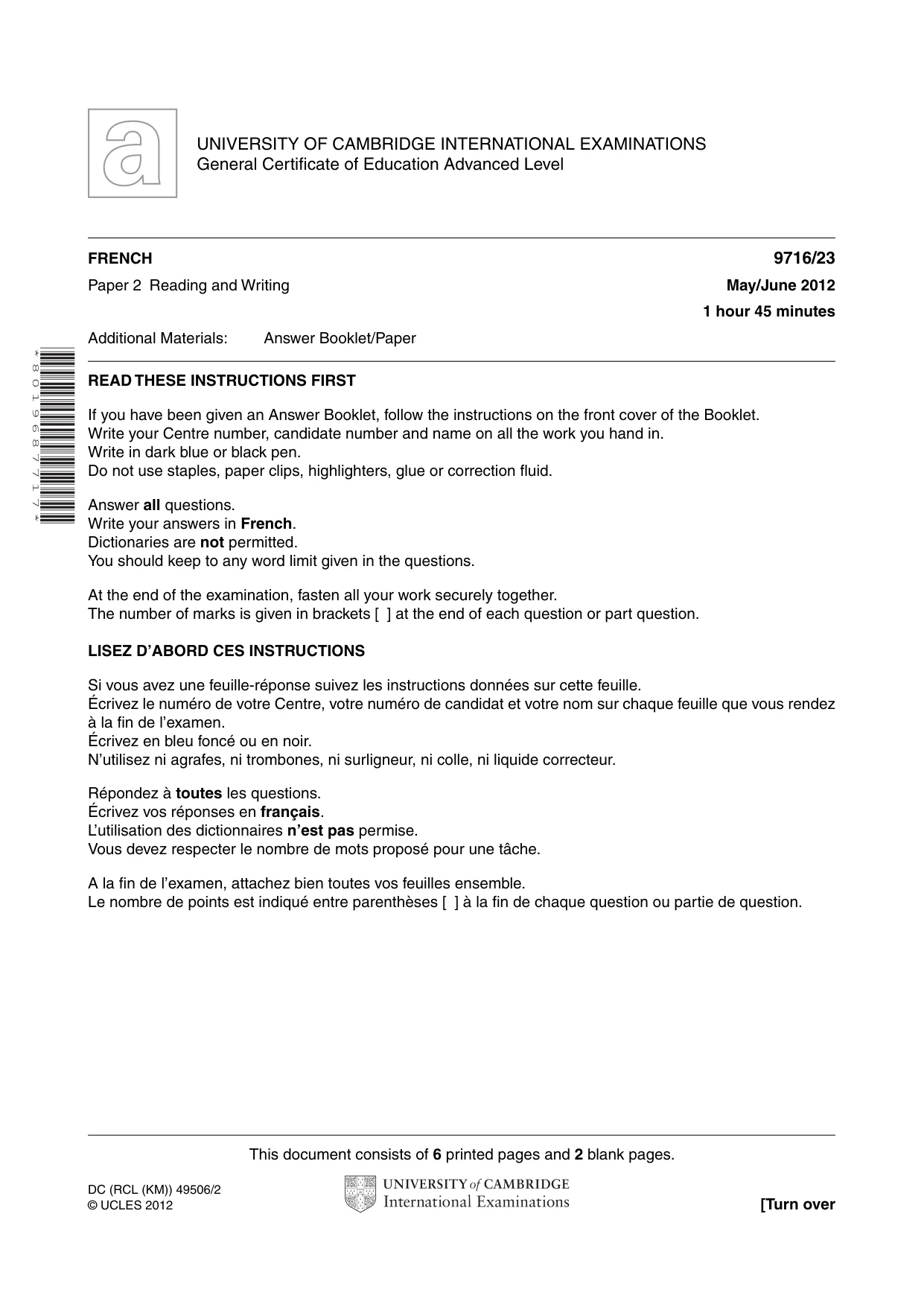 Cambridge A Level French (A Level only) 9716 2012 May/June Paper 2 · Variant 3 question paper, page 1 of 8