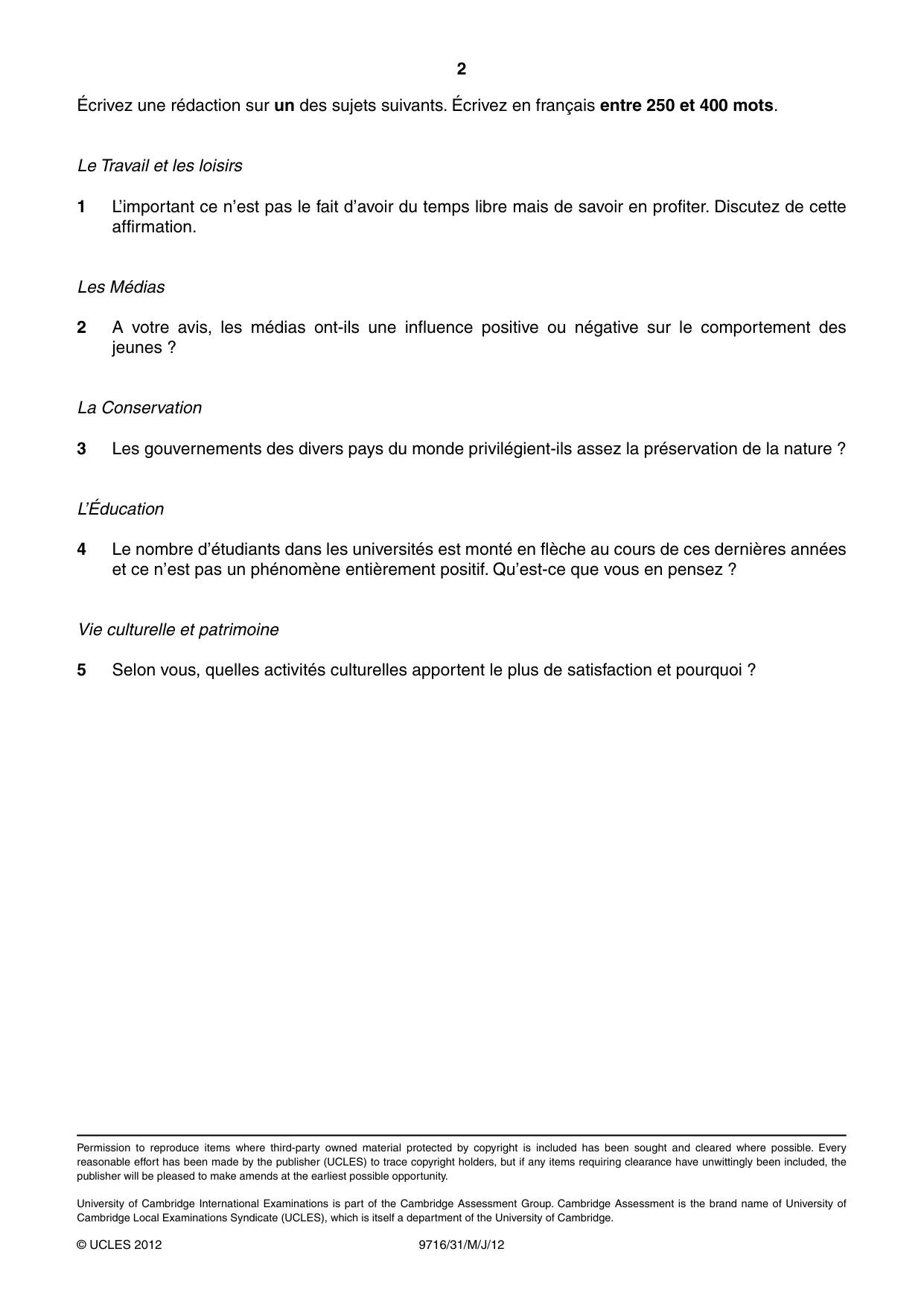 Cambridge A Level French (A Level only) 9716 2012 May/June Paper 3 · Variant 1 question paper, page 2 of 2